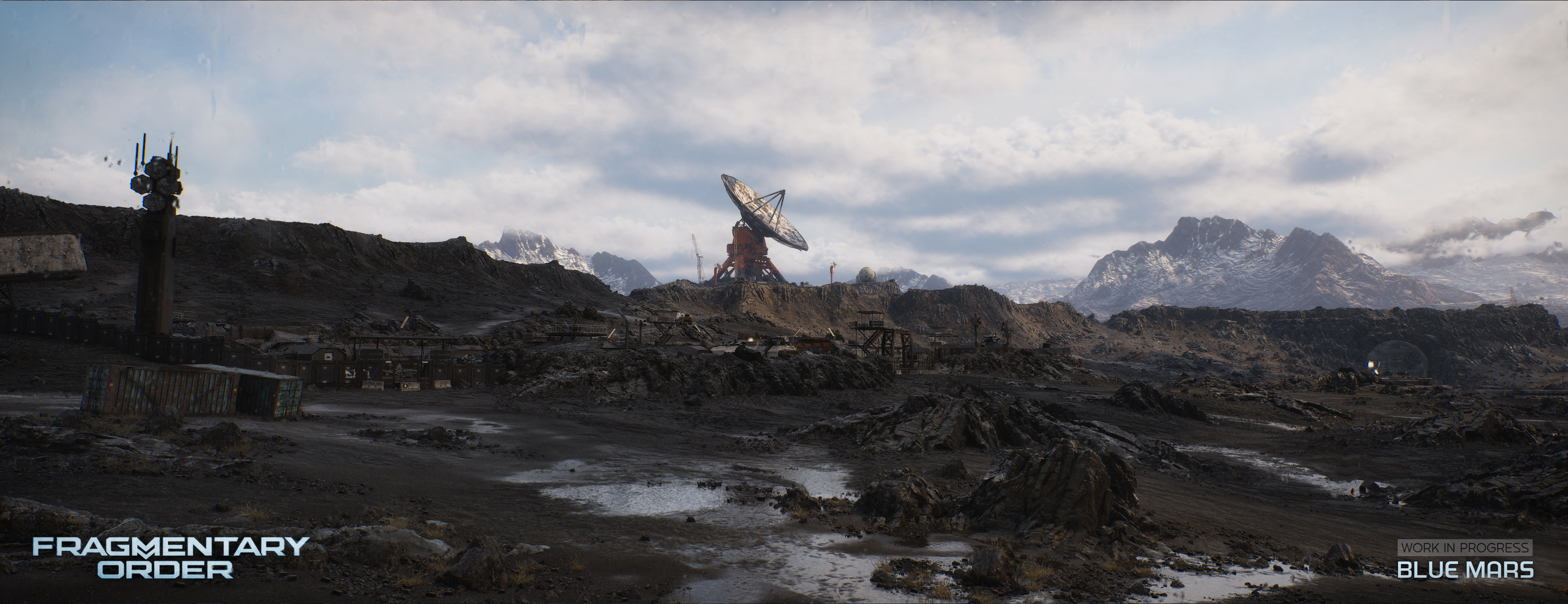 Blue Mars in-engine screenshot: a frontier settlement of low prefab structures and stacked containers beneath a large steerable dish antenna, with meltwater pools in the foreground and snow-capped ridges behind