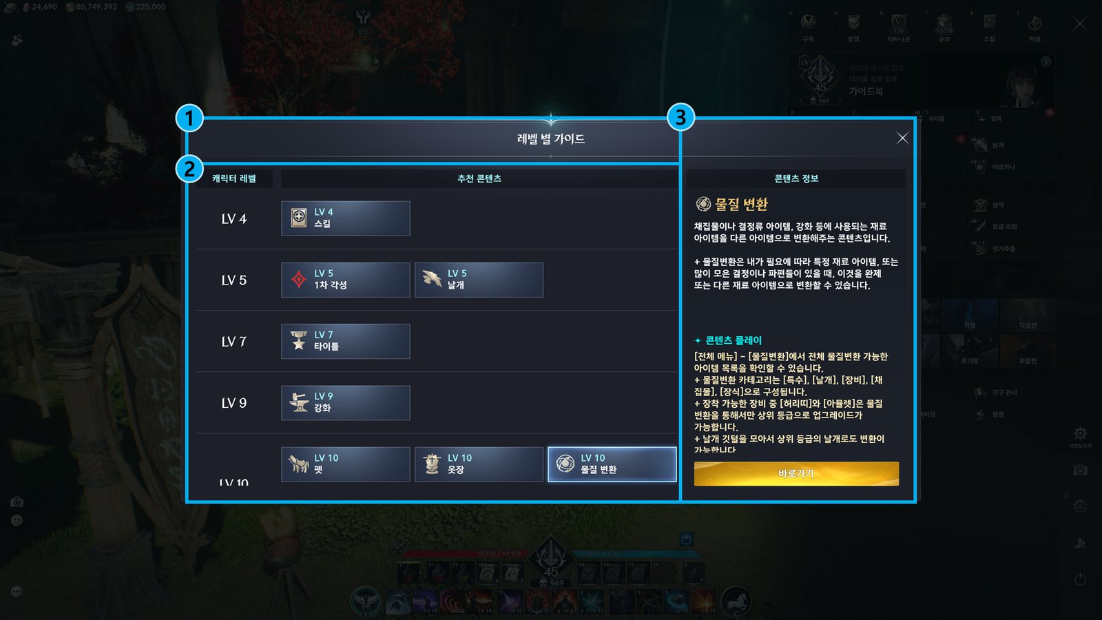 The level guide window recommending content by character level, with the Material Conversion entry selected, in Korean
