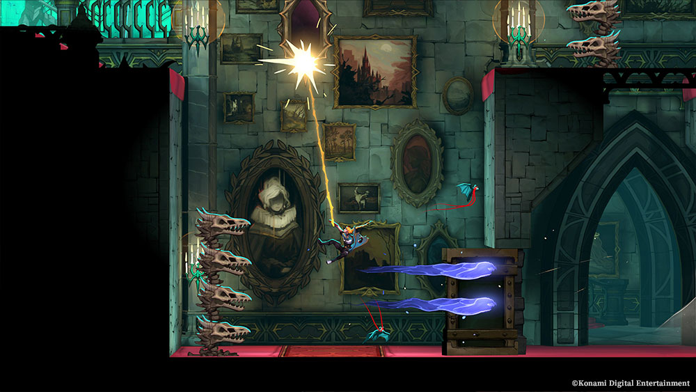 Rose grapples on a whip line across a castle gallery of framed paintings and mirrors as blue spirits drift from an open chest