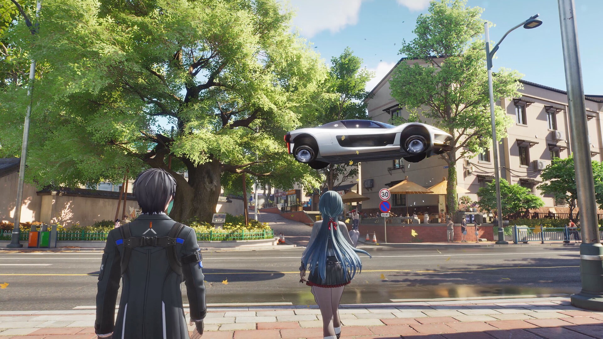 A car hanging motionless in mid-air above a tree-lined Chongxiao street while two characters look on