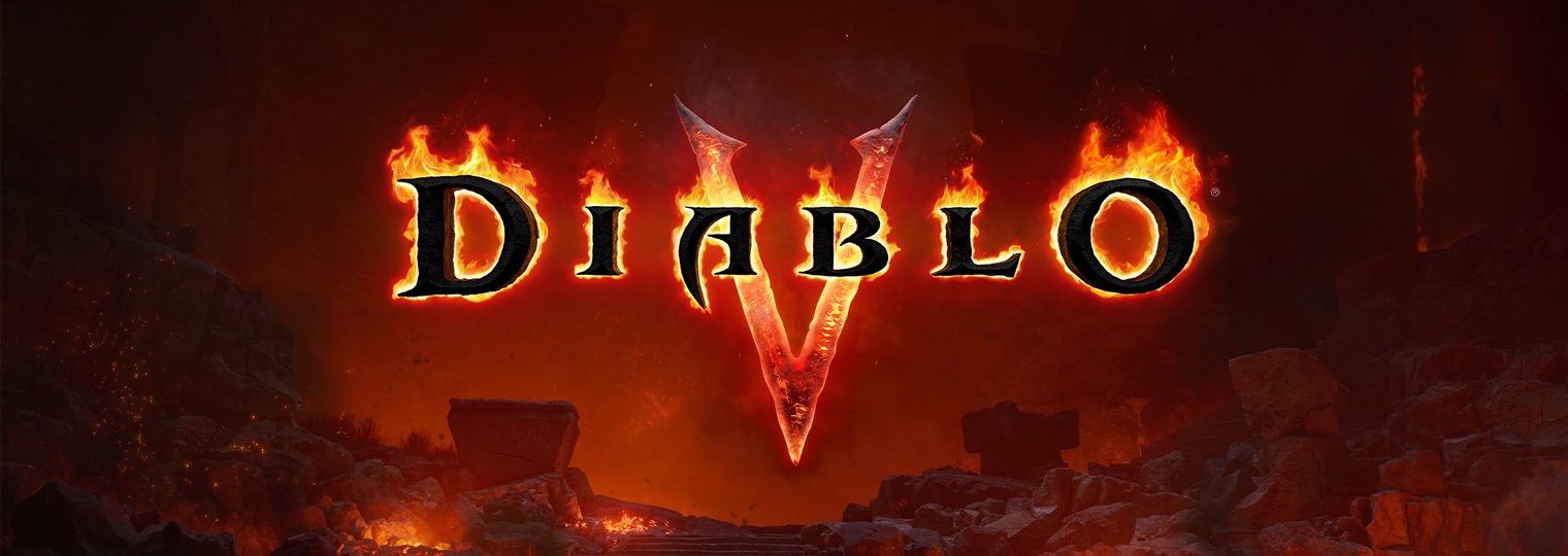 Diablo V logo in flame over a dark red landscape, the header art Blizzard published with the announcement