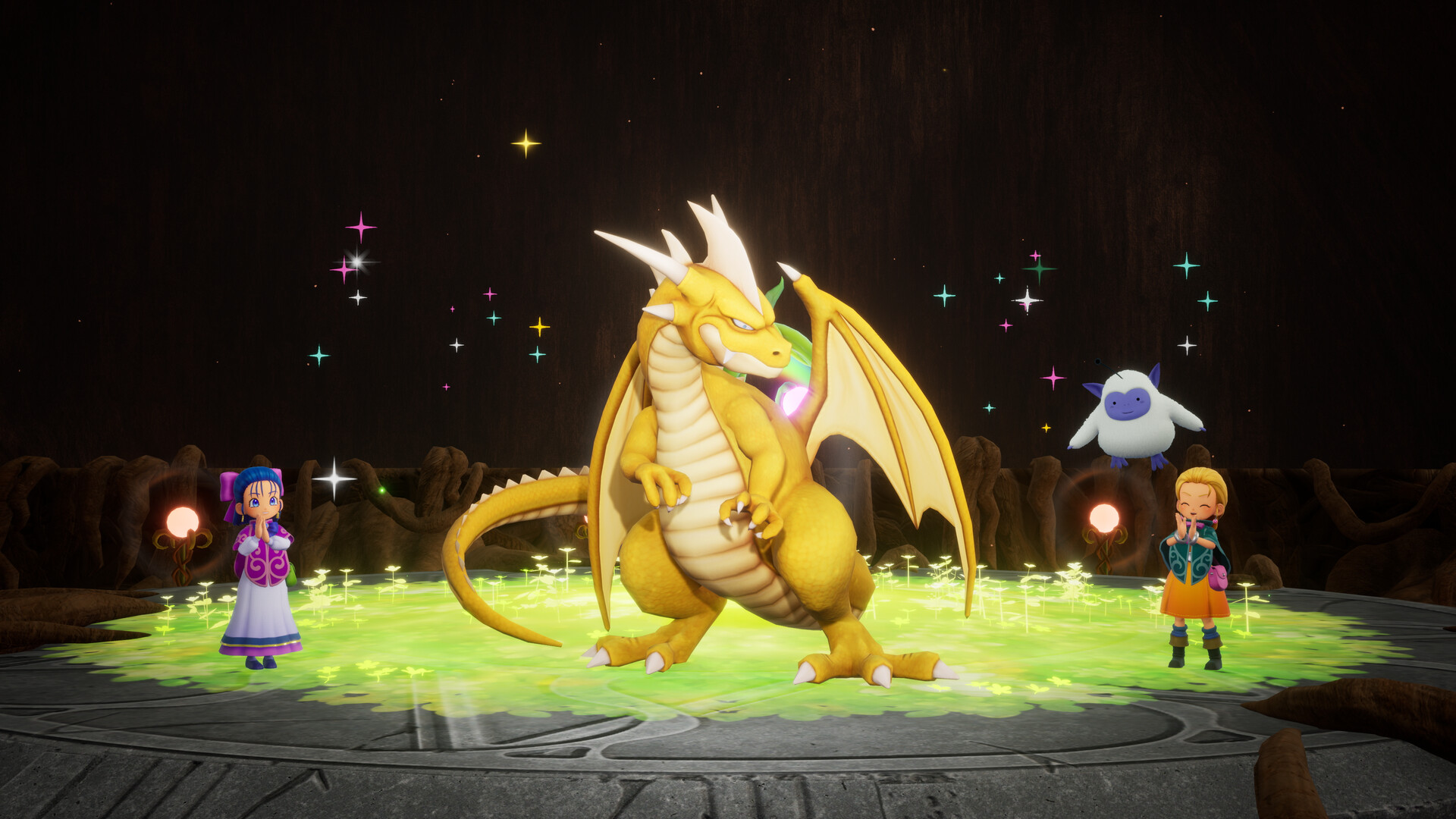 A large dragon appearing on a lit circular dais in a dark chamber while both protagonists and Fluffy look on