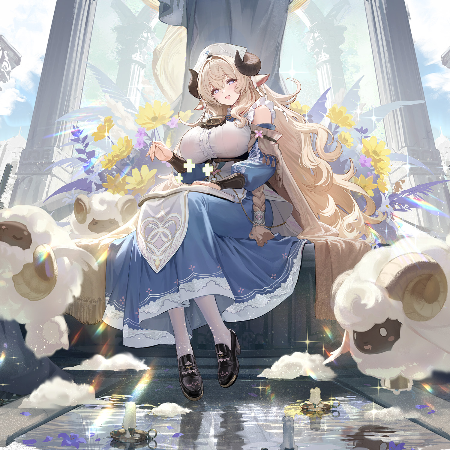 Anais, a horned nurse in a blue dress, seated among flowers with fluffy sheep-like Kibo