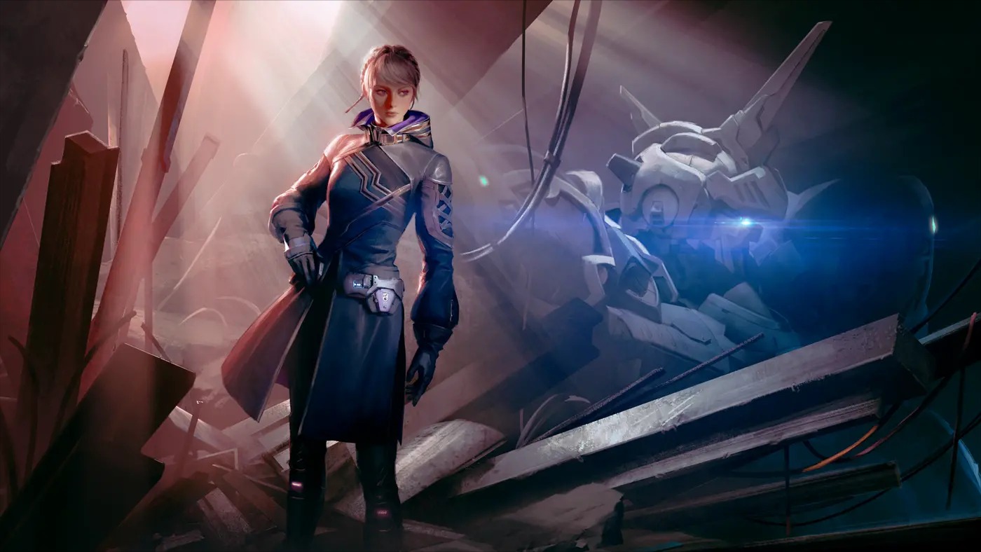 Official character art of Elaine Galath standing amid lit wreckage in a long dark coat with silver and purple trim, her mobile suit CALICE looming behind her