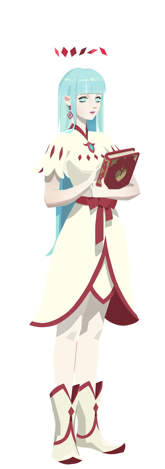 Official character art of Haniel, the Angel of Blood and Pact in Ember and Blade, a small teal-haired figure in white and red robes holding a record book beneath a crimson shard halo