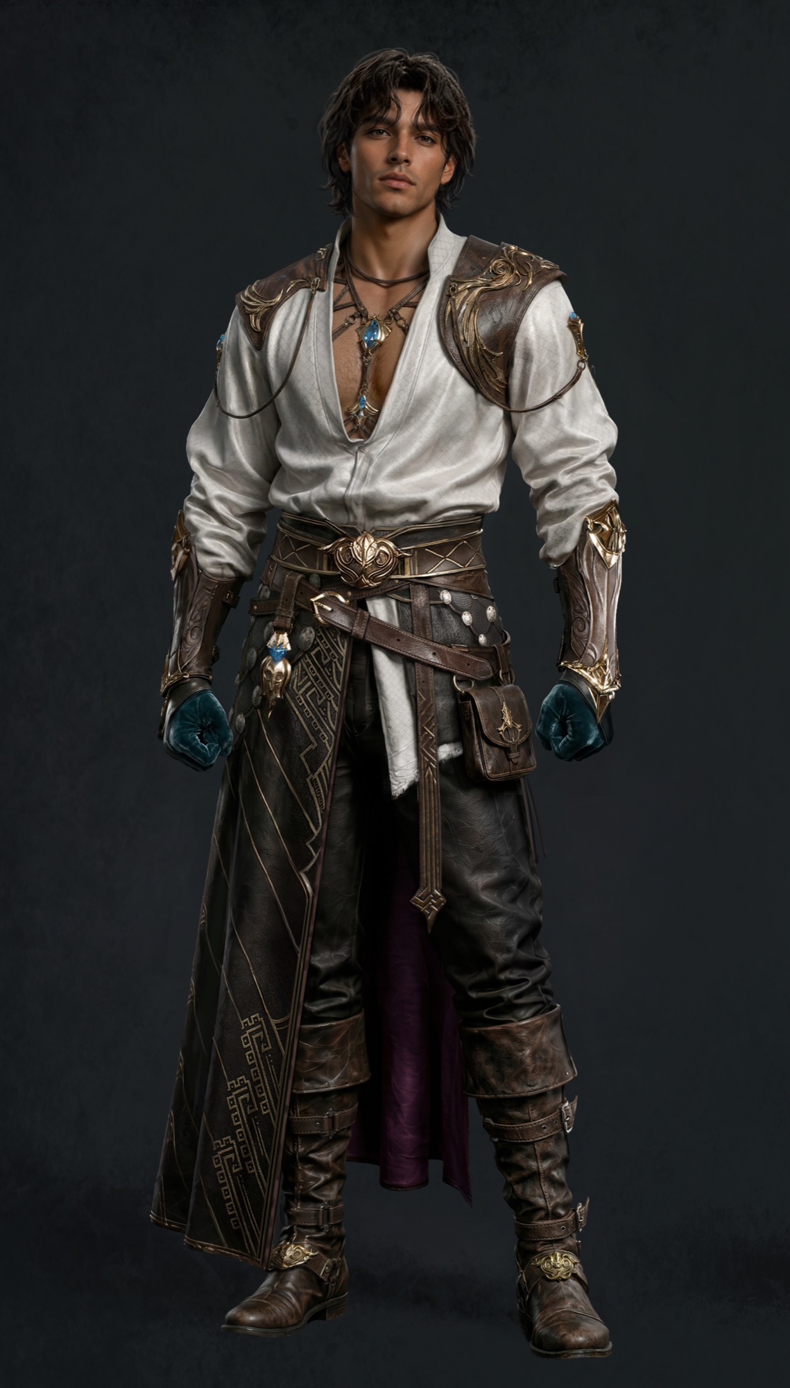 Male Stormbringer concept art from the September 2026 dev note: youthful mage in a loose white shirt with gold-trimmed leather and a small frame