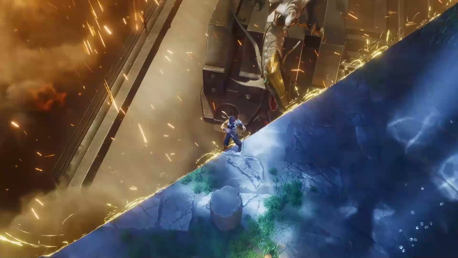 Frame from the official Bringer concept site cinematic: a small figure stands on a diagonal slab of wreckage, with sparks and smoke on one side and a pale blue and white expanse below