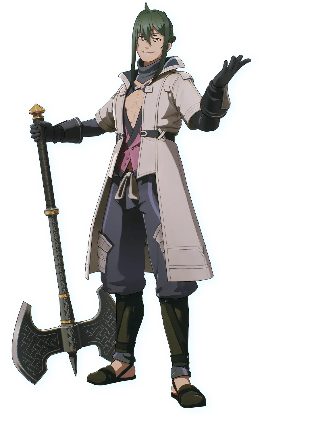 Musoh official character render, a veteran gamer in a pale coat holding a two-handed axe