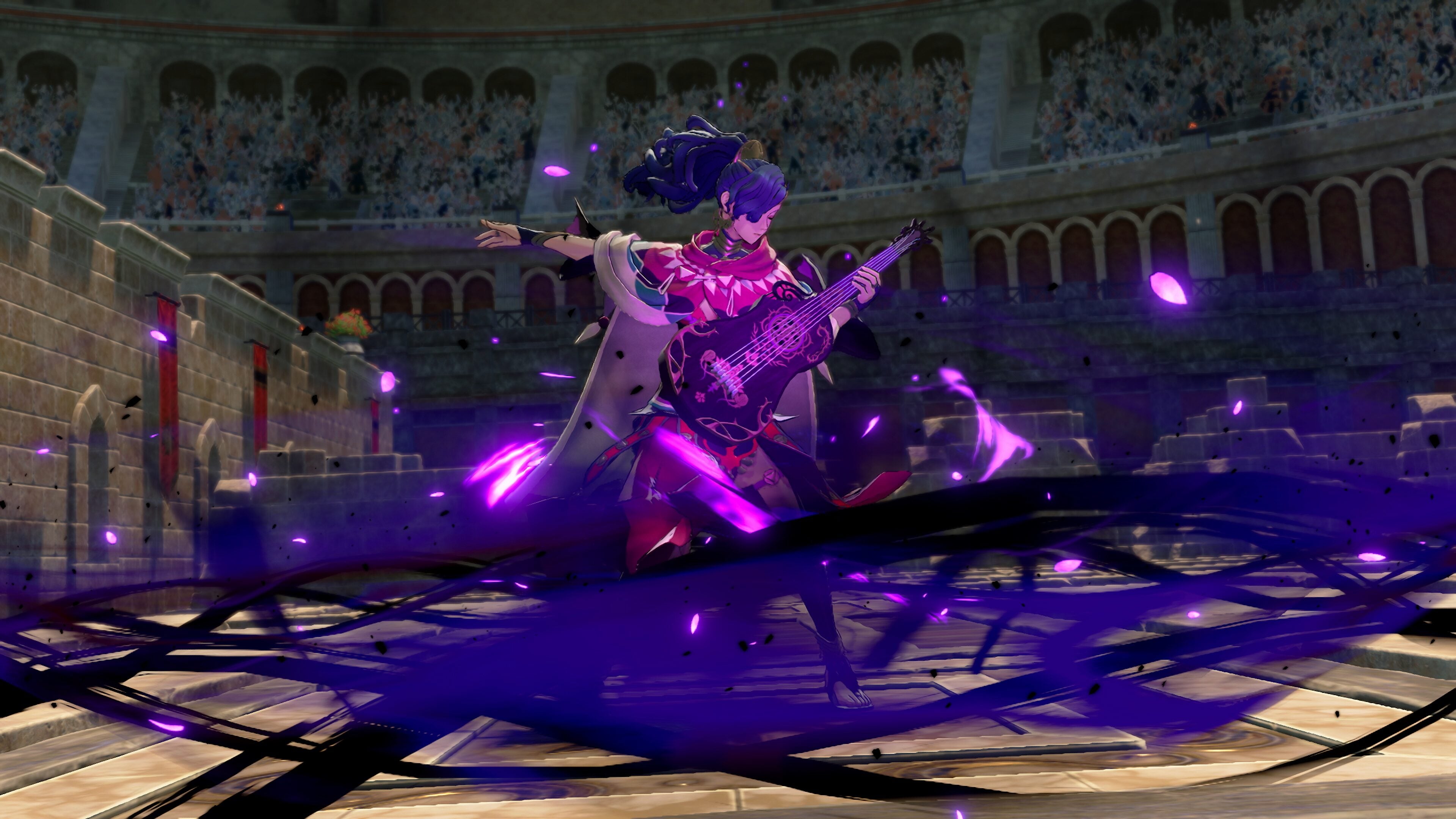 Leda playing her vihuela as violet tendrils spread across the arena sand