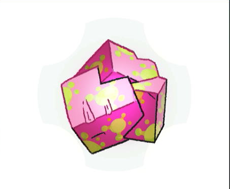 Corrosive Pyrite, three pink mineral cubes spattered with yellow-green blotches