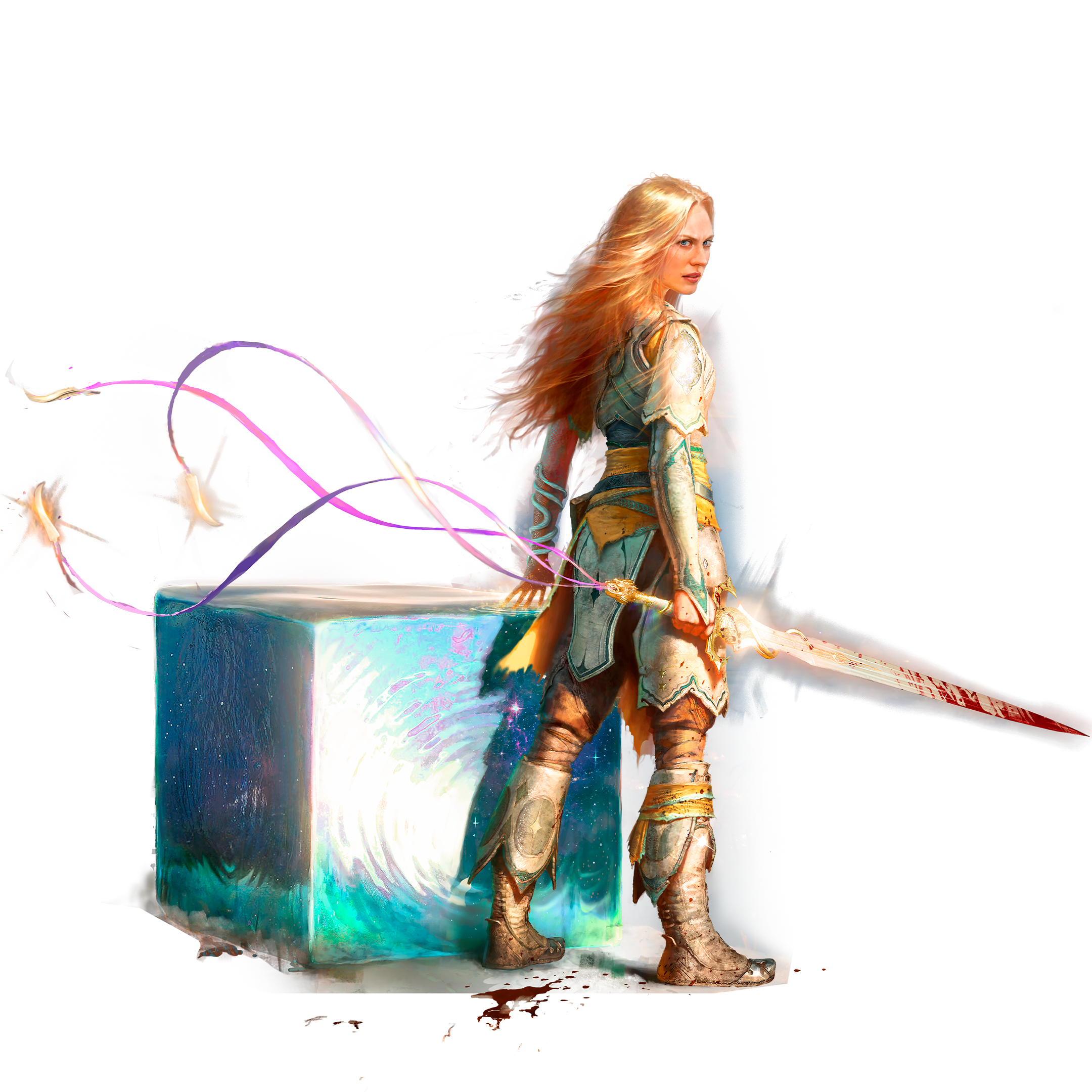 Character art of Faye with her sword drawn, the cosmic cube Phranque beside her and Rue's ribbons trailing across the frame