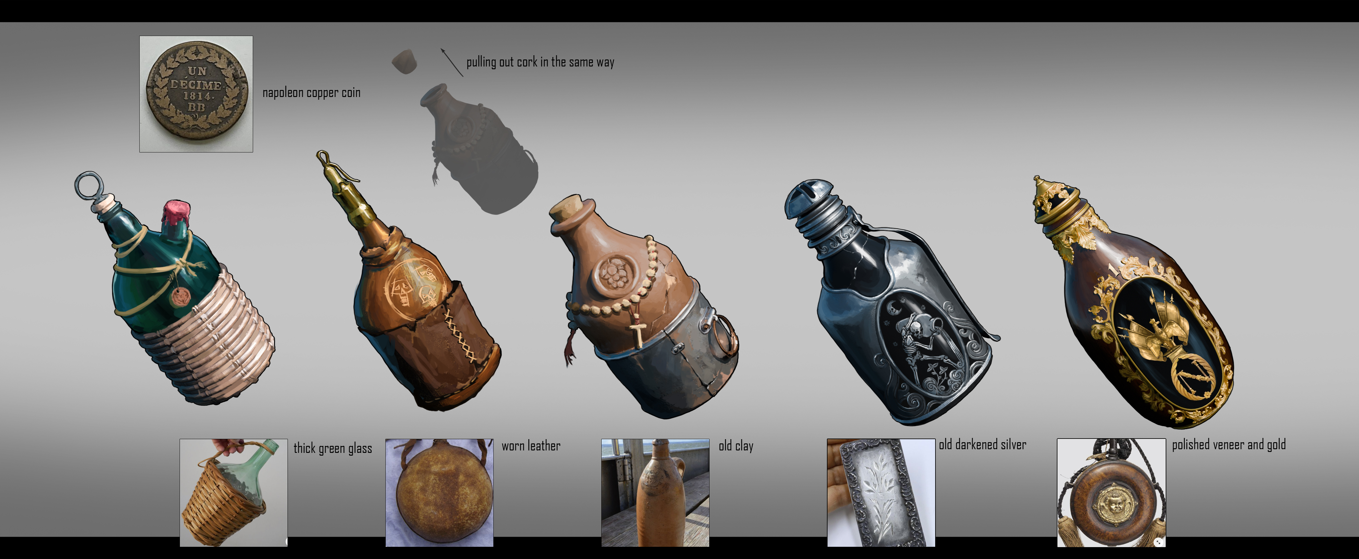 Concept art for HUNGER's drink flasks, showing five bottles of ascending quality with material swatches reading thick green glass, worn leather, old clay, old darkened silver and polished veneer and gold, alongside a photographed 1814 Napoleonic copper coin used as a period reference.