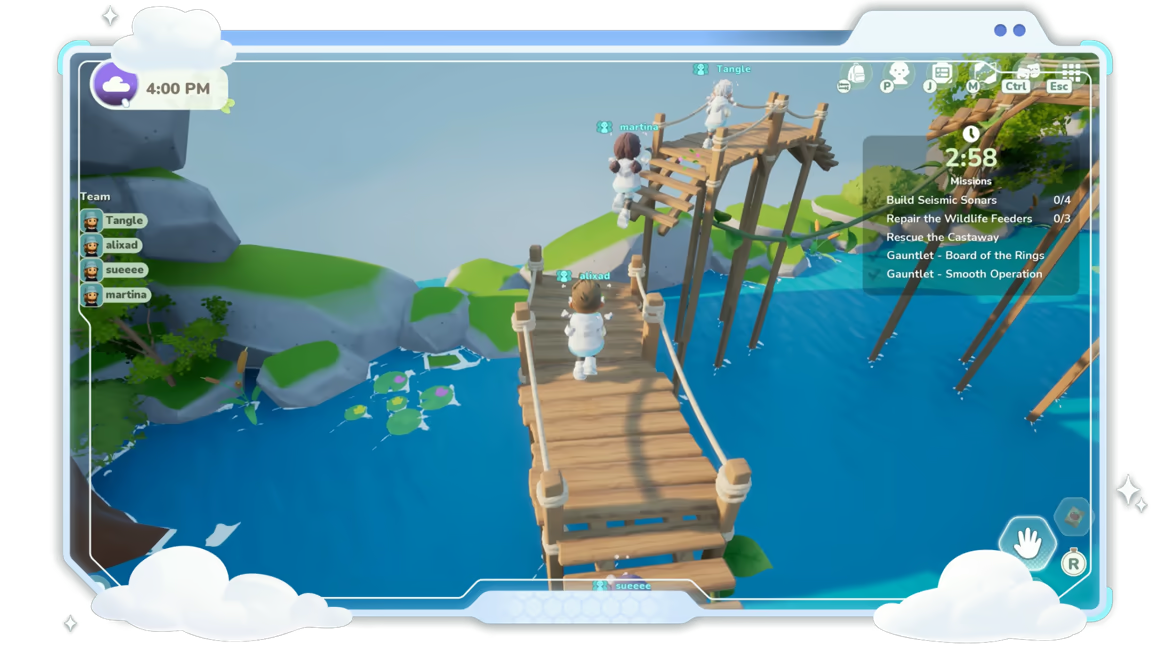 Loftians cross an elevated obstacle course above the water.
