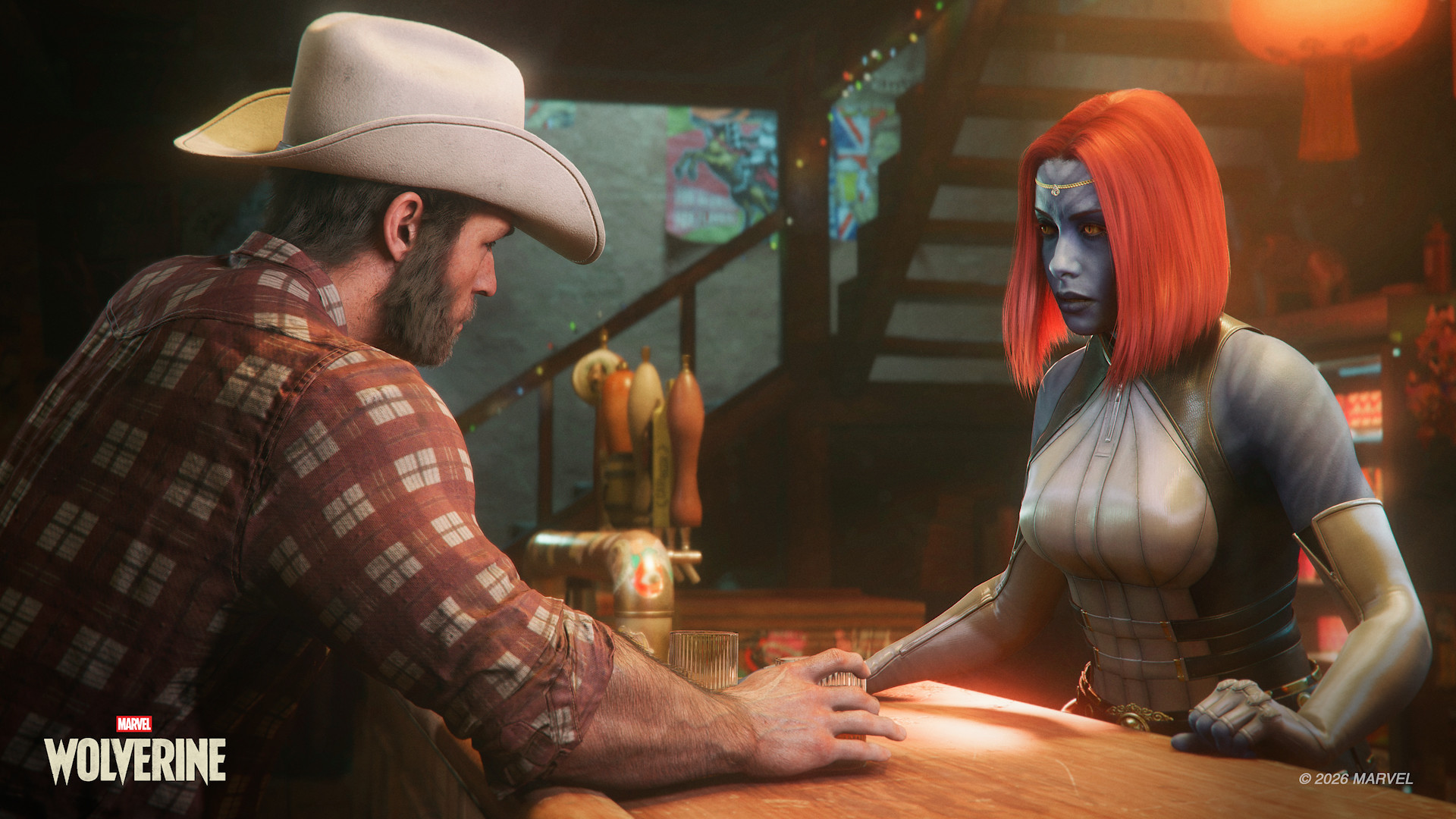 Logan in a white cowboy hat and red plaid shirt seated at a bar counter opposite Mystique, who has blue skin, a red bob and yellow eyes, her hand resting on his