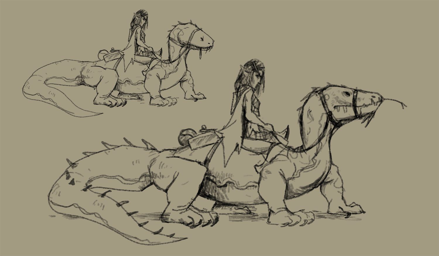 Concept sketch of an elf riding a saddled long bodied lizard mount with saddlebags, shown from the side in two poses