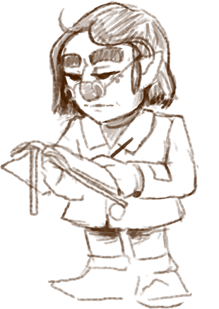 Concept sketch of a Gnome woman in a heavy coat with goggles, holding a slender tool