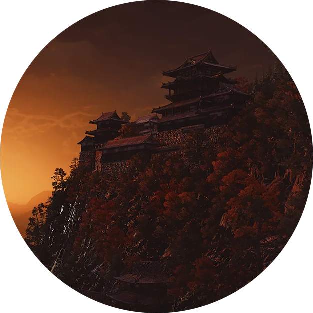 Official location art for Mount Oe, a tiered fortress perched on a forested clifftop against a burning sunset sky