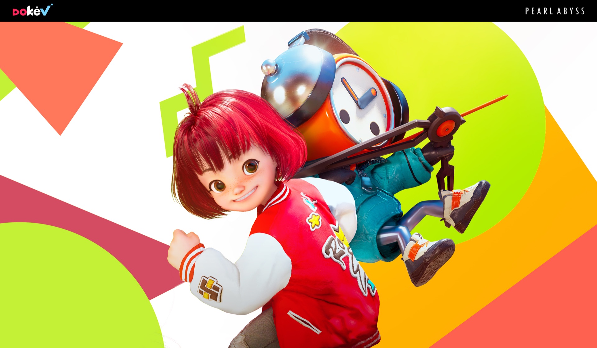 Official DokeV art of a character carrying the alarm-clock Dokebi, which wears a pair of headphones