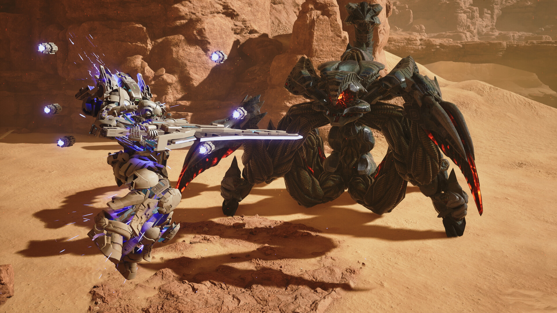 Gundam Helix swings its oversized blade at a many-limbed Apocalypse creature on bare red rock in GUNDAM ROGUE ORBIT