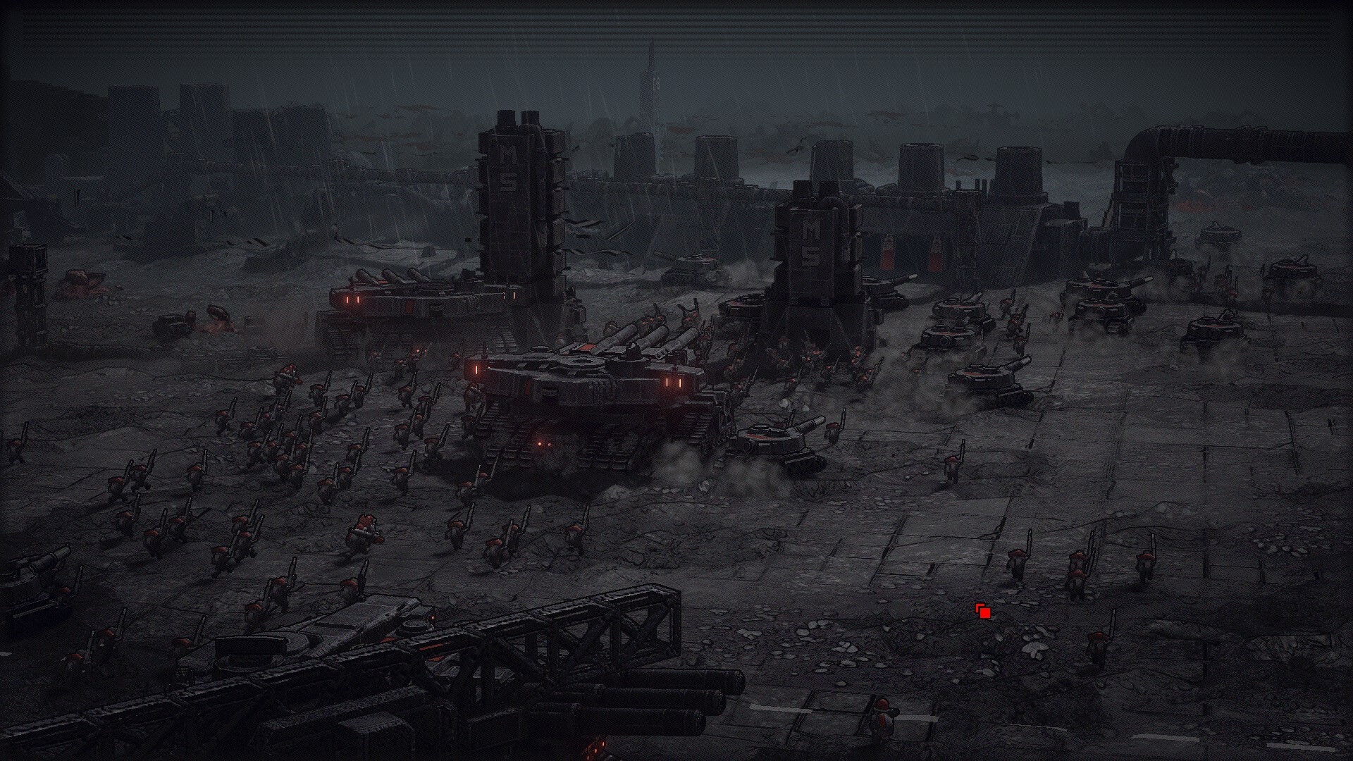 A massed armoured column with infantry advancing through rain past ruined industrial silos at night in the Dust Front RTS demo