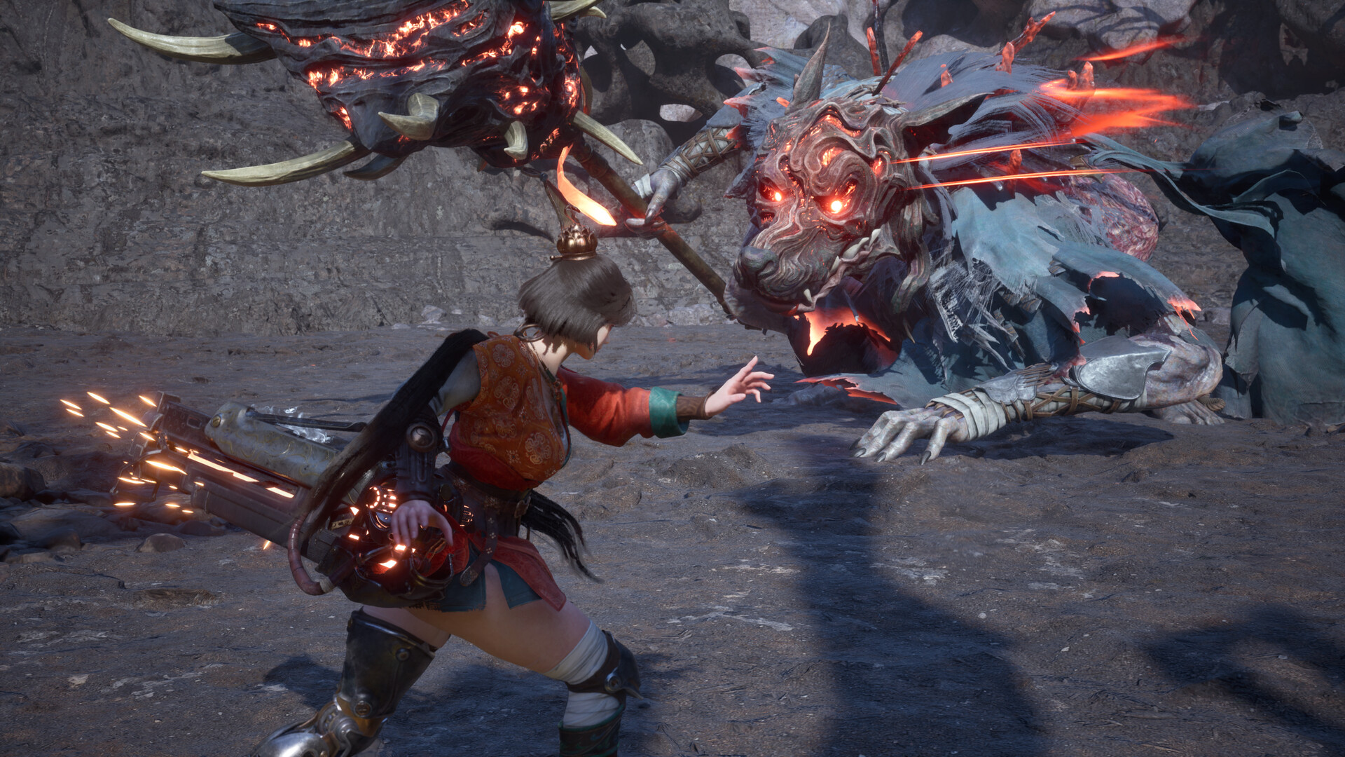 The protagonist braced in a low lunge on bare rock as a large pale beast with burning red eyes crouches opposite her, sparks trailing from the machine on her back