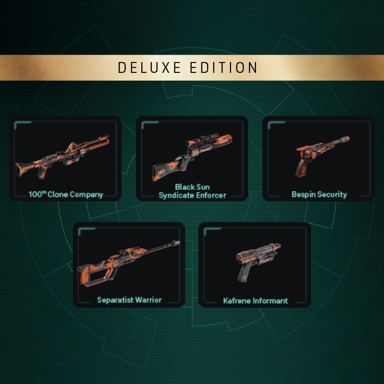 Deluxe Edition weapon theme tiles for the 100th Clone Company, Black Sun Syndicate Enforcer, Bespin Security, Separatist Warrior and Kafrene Informant