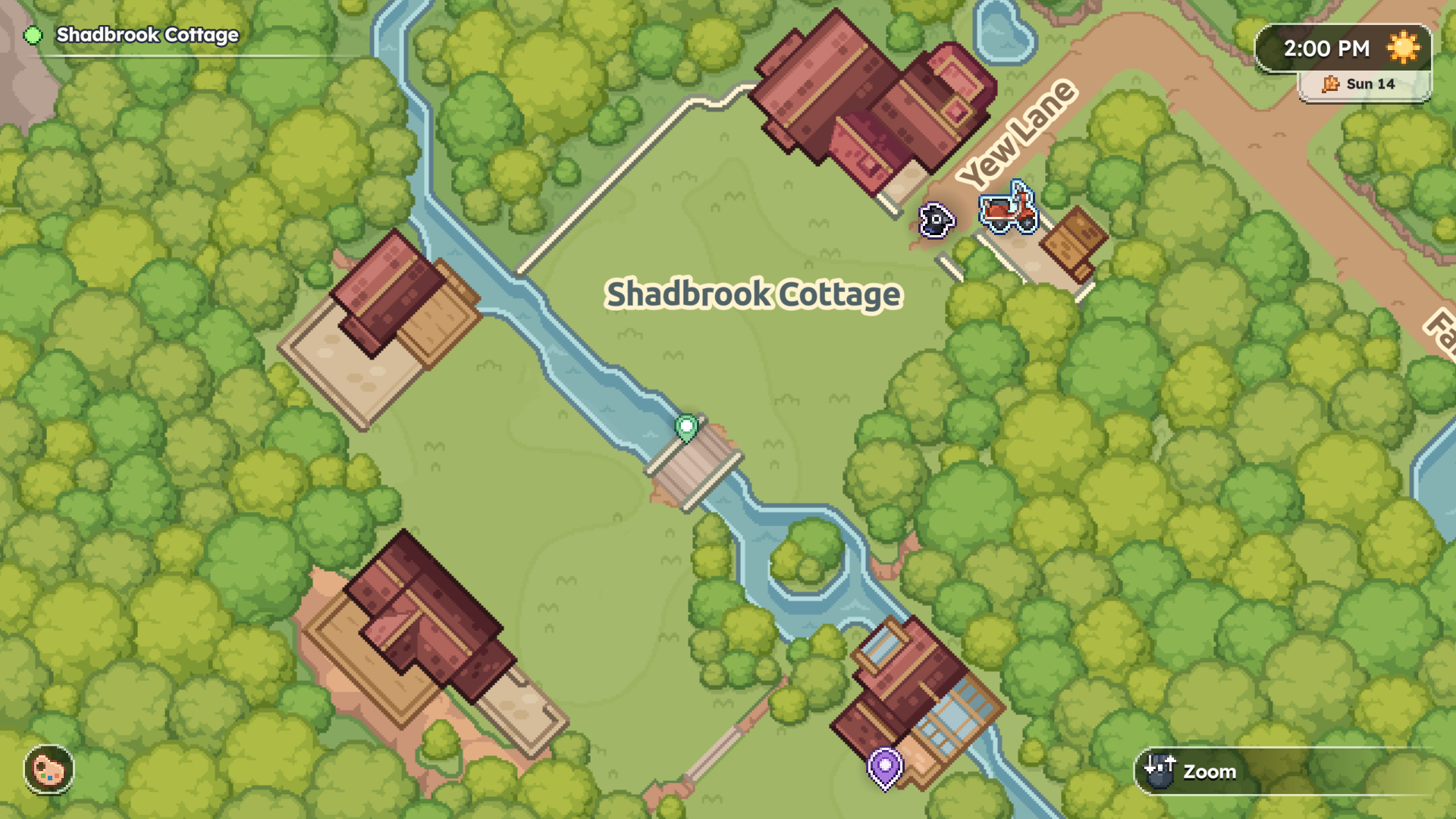 The in-game map zoomed to the Shadbrook Cottage grounds, showing four cottage buildings set around a brook with a footbridge, the road marked Yew Lane, and a clock reading 2:00 PM on Sun 14