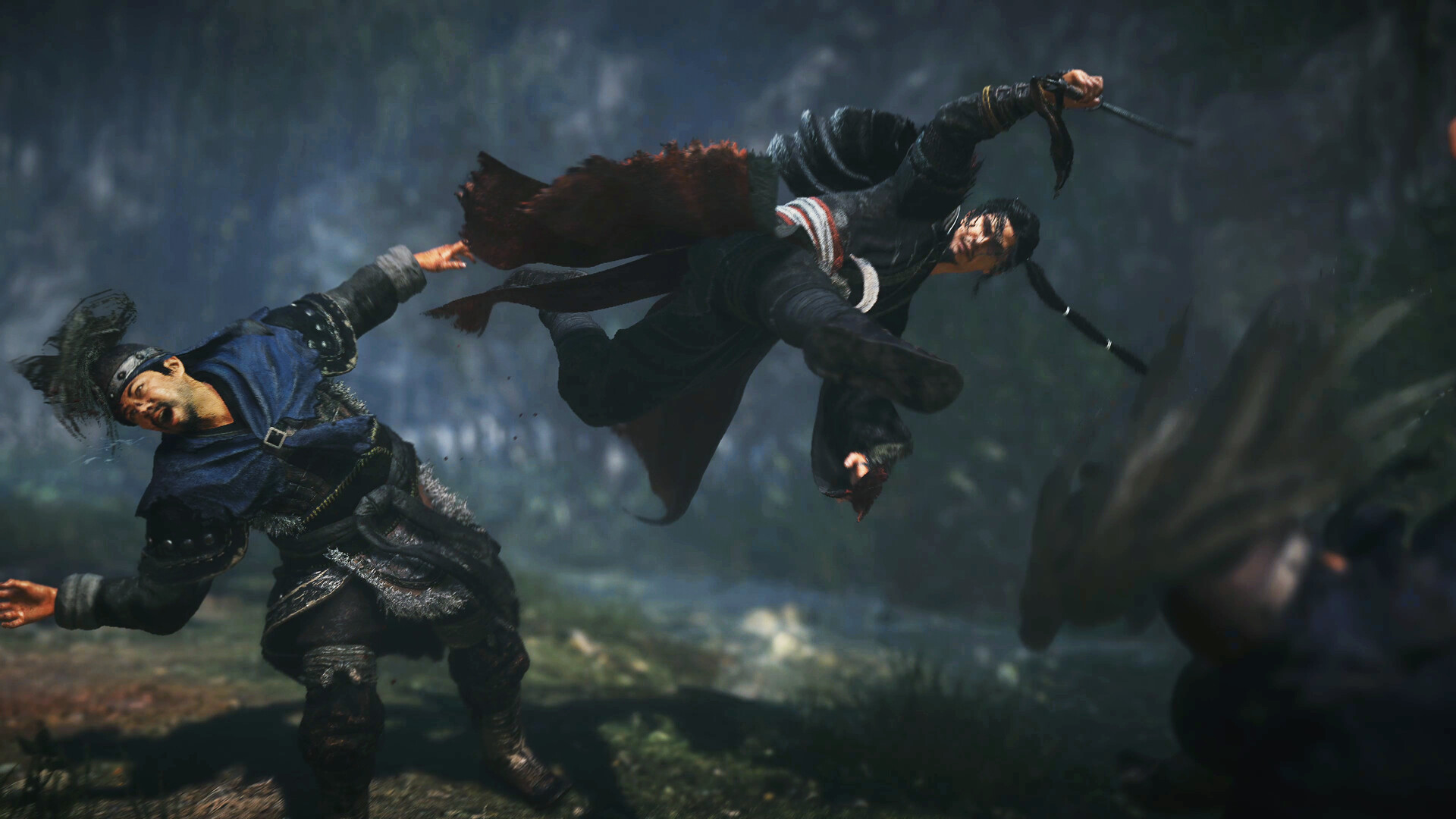 A dark-robed swordsman leaps and strikes downward at a recoiling blue-clad soldier above a misty green valley in Wo Long 2: Wings of Ember