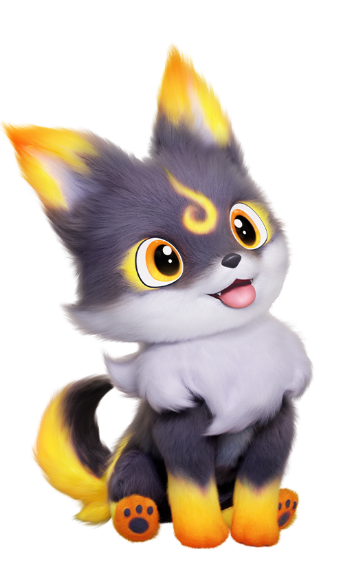 Official full-body artwork of the Aniimo Emberpup in its Mountain Woods Form, a Fire element DPS role creature