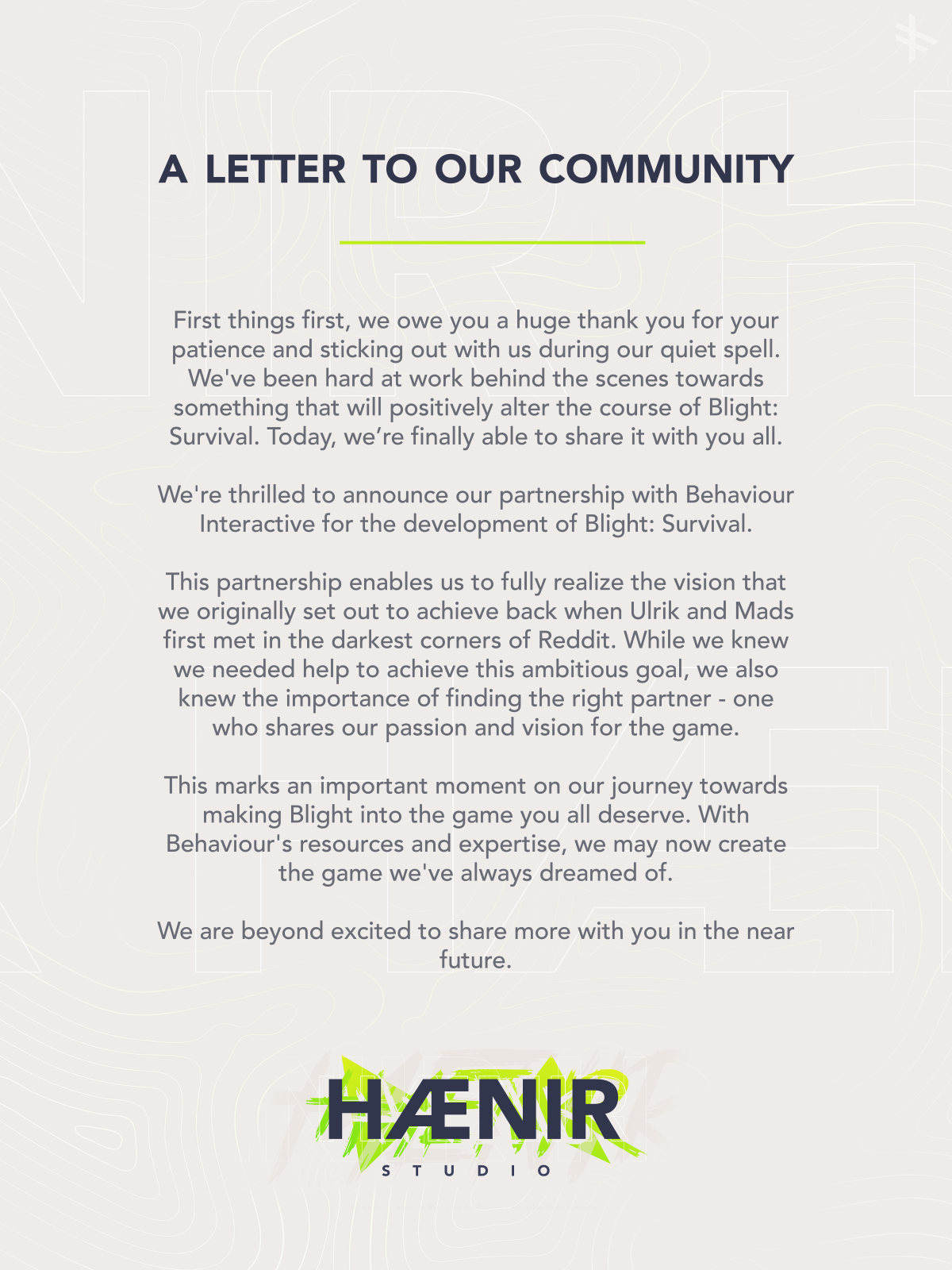 Haenir Studio's letter to the community announcing the Behaviour Interactive partnership, April 2024, with the studio logo