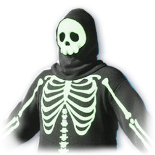 Spooky Scary Skeleton breastplate skin from the AION 2 Halloween 2026 event: a black hooded top with a glowing skull mask and a printed skeleton ribcage and arm bones