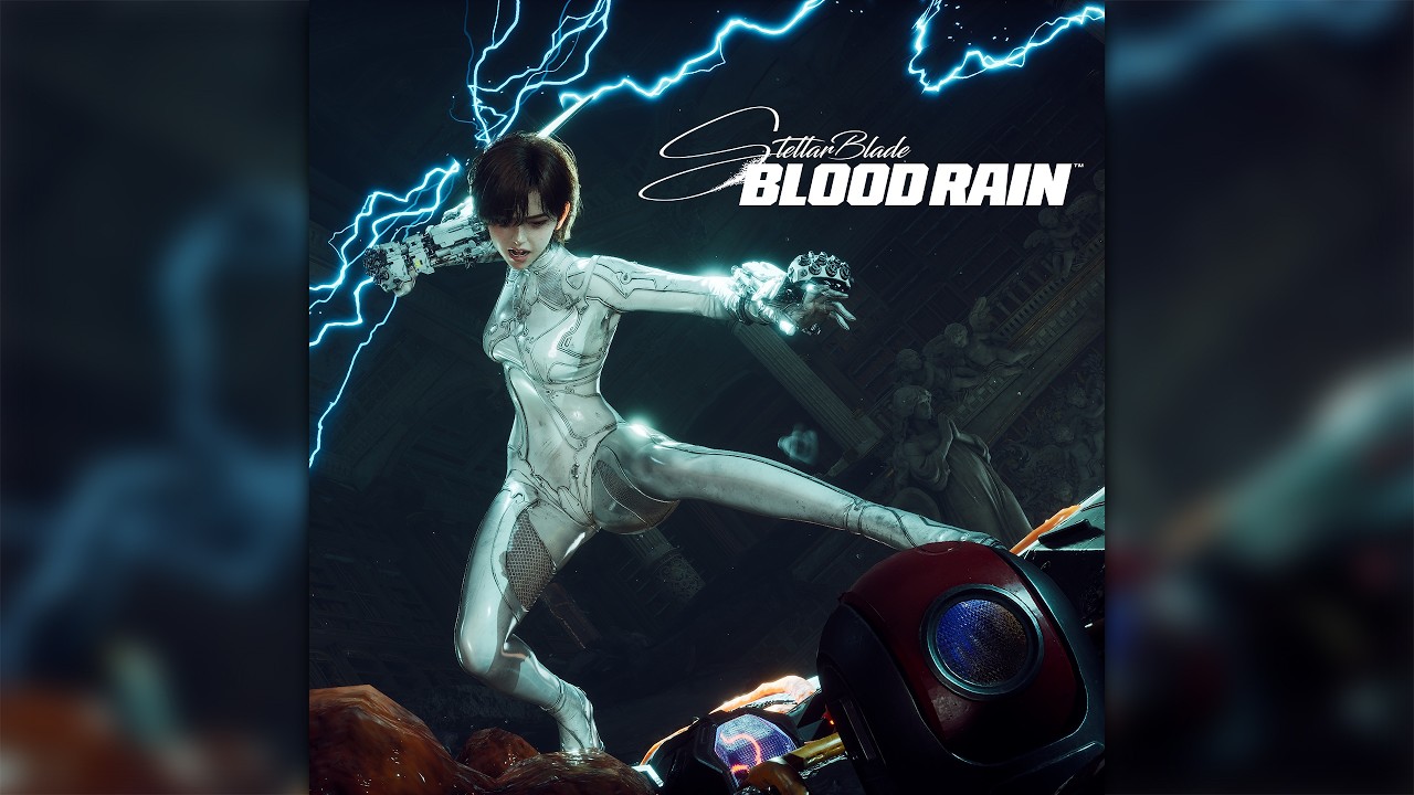 Artwork accompanying the trailer track releases, Evie mid-kick with electrified gauntlets