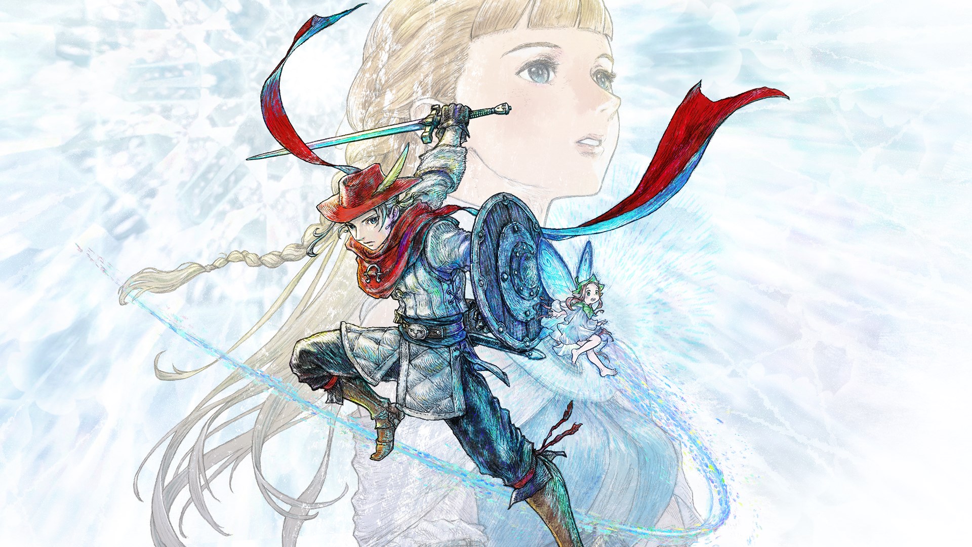 Key art showing Elliot with sword and shield, the fairy Faie beside him and a fair haired young woman behind them