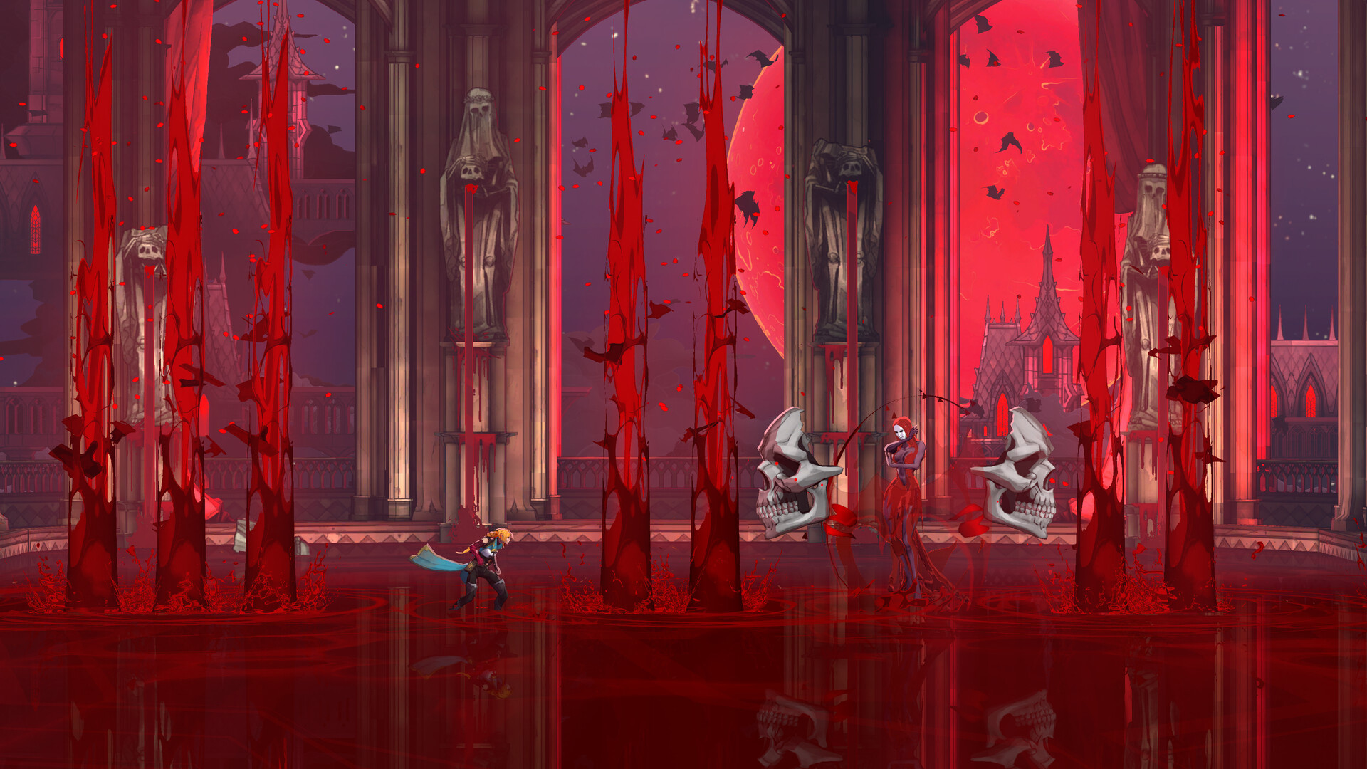 Rose faces a red-haired figure in a blood-flooded cathedral arena of giant skulls and blood pillars under a red moon