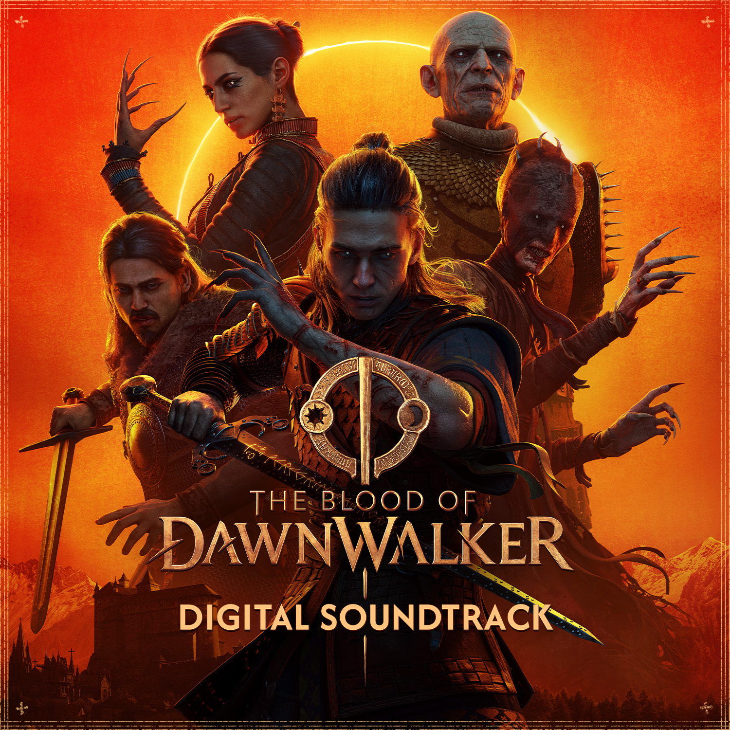 Cover art of The Blood of Dawnwalker Digital Soundtrack, showing Coen at the centre with four other characters behind him against an orange eclipse