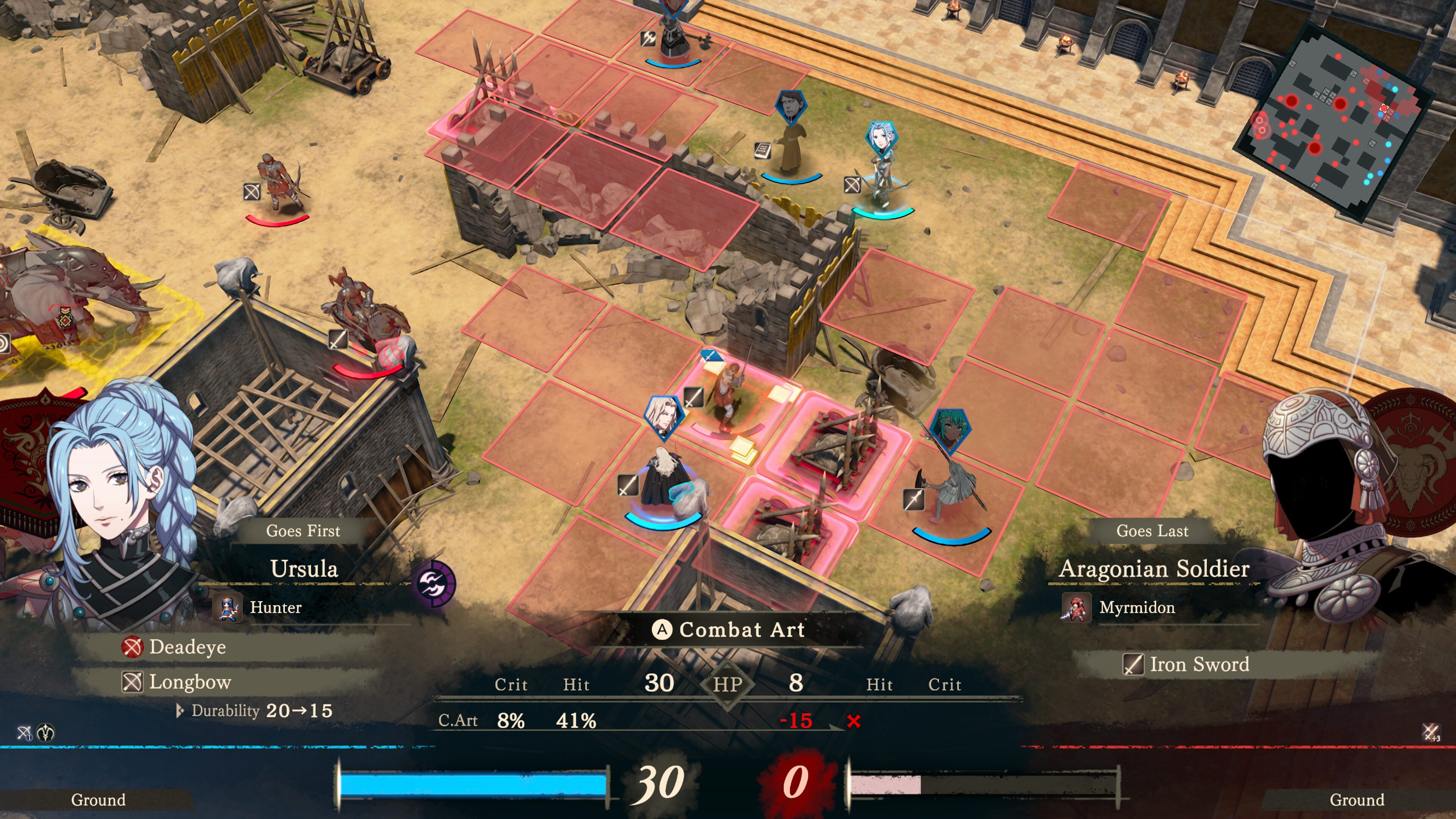 Selecting the Deadeye Combat Art for Ursula, with weapon durability shown dropping from 20 to 15