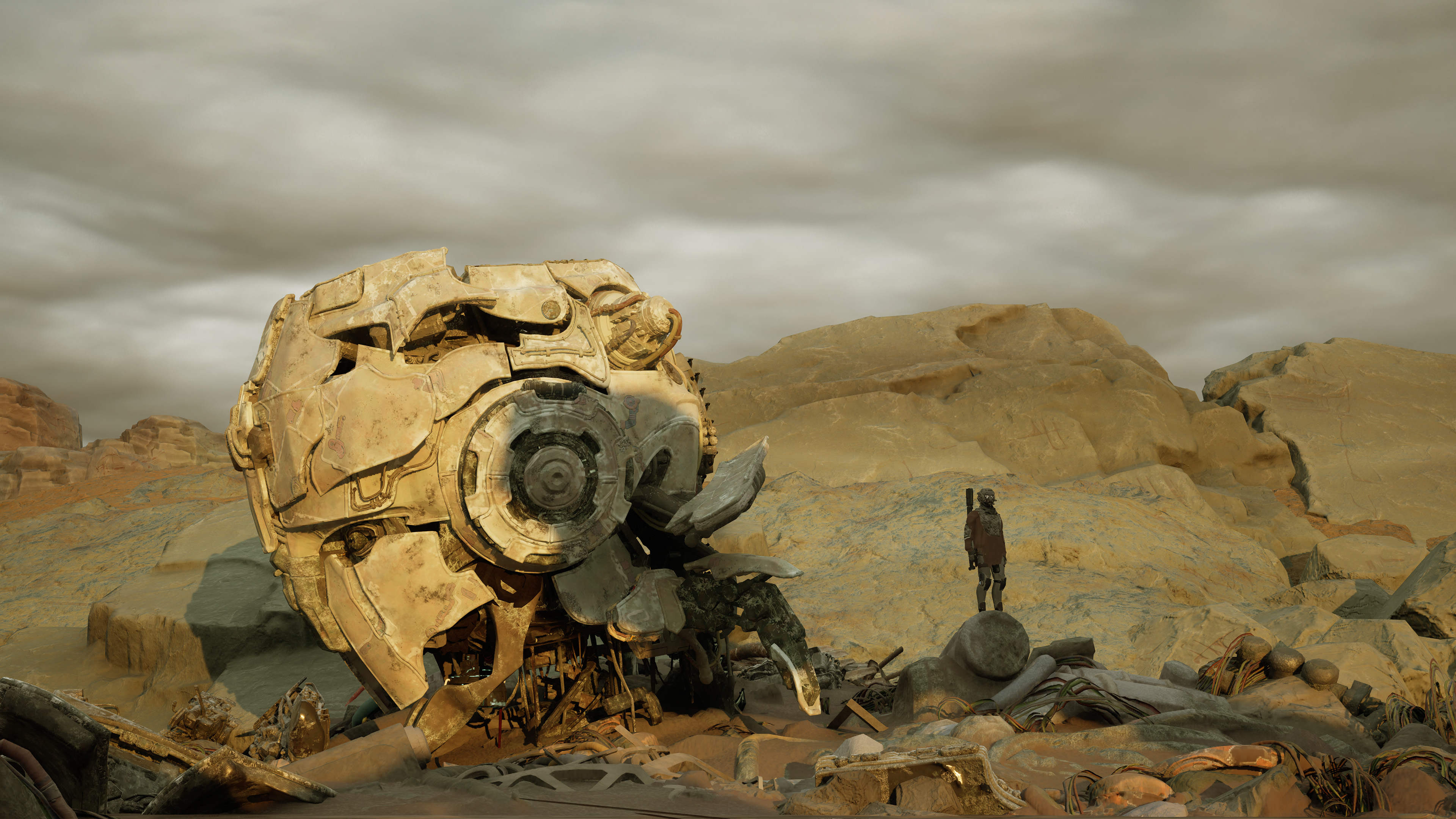 A detached colossal robot head lies wrecked among boulders under heavy overcast in gen ATLAS, with the lone player character standing on a rock nearby for scale