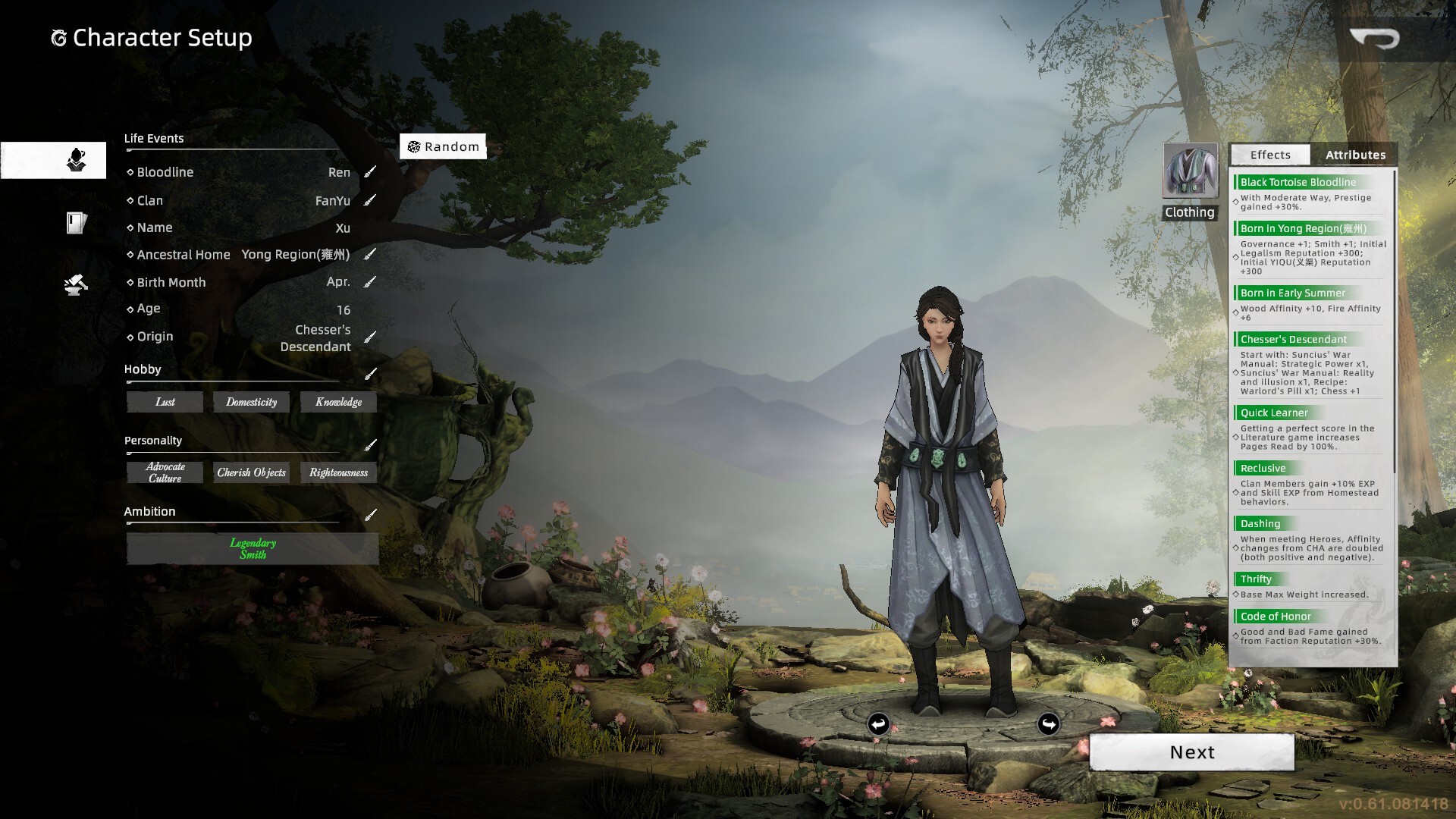 Character Setup screen in the English build, with the Life Events fields for bloodline, clan, name, ancestral home, birth month, age and origin on the left, and an Effects panel on the right listing the trait each choice grants, including a birth-season affinity trait.