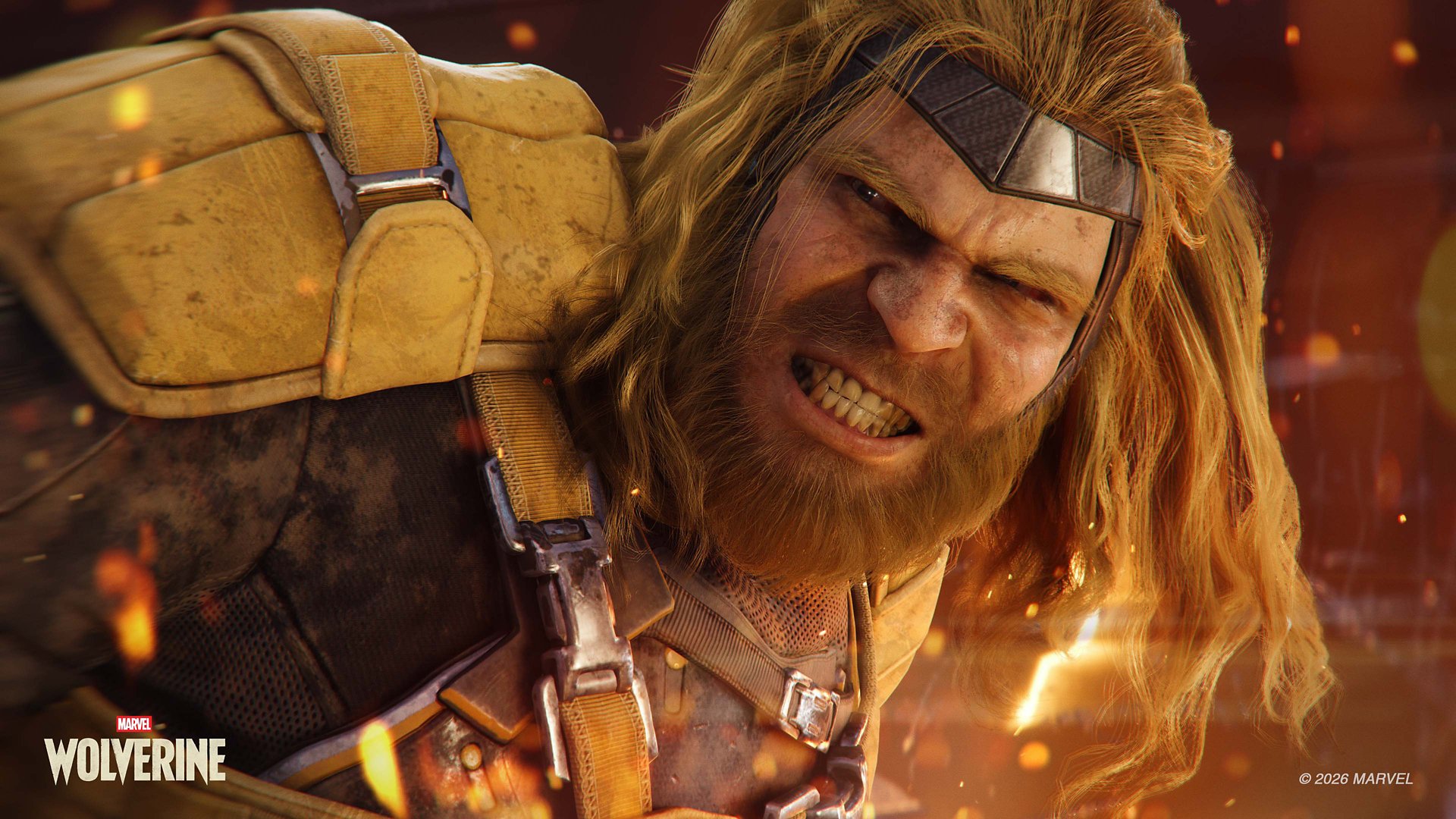 Close-up of Sabretooth snarling amid embers, wearing his tan and brown gear