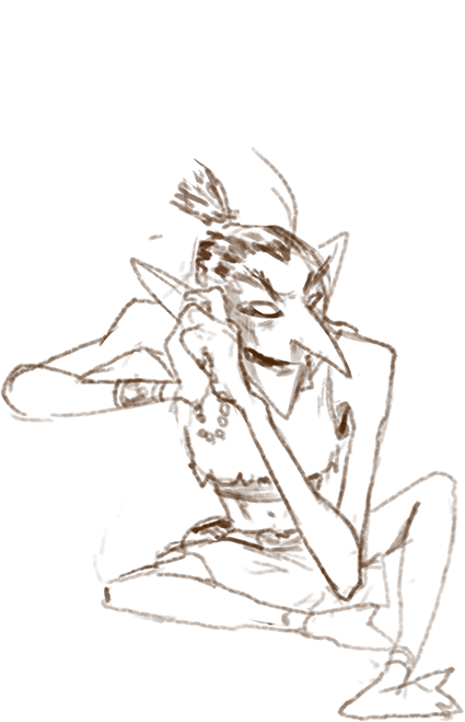 Concept sketch of a Goblin woman seated with her chin resting on one hand