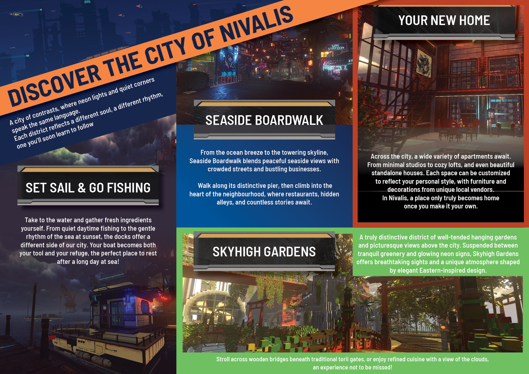 Inner spread of the official Nivalis Nights tourist brochure, with panels for fishing from your boat, the Seaside Boardwalk, apartments and Skyhigh Gardens