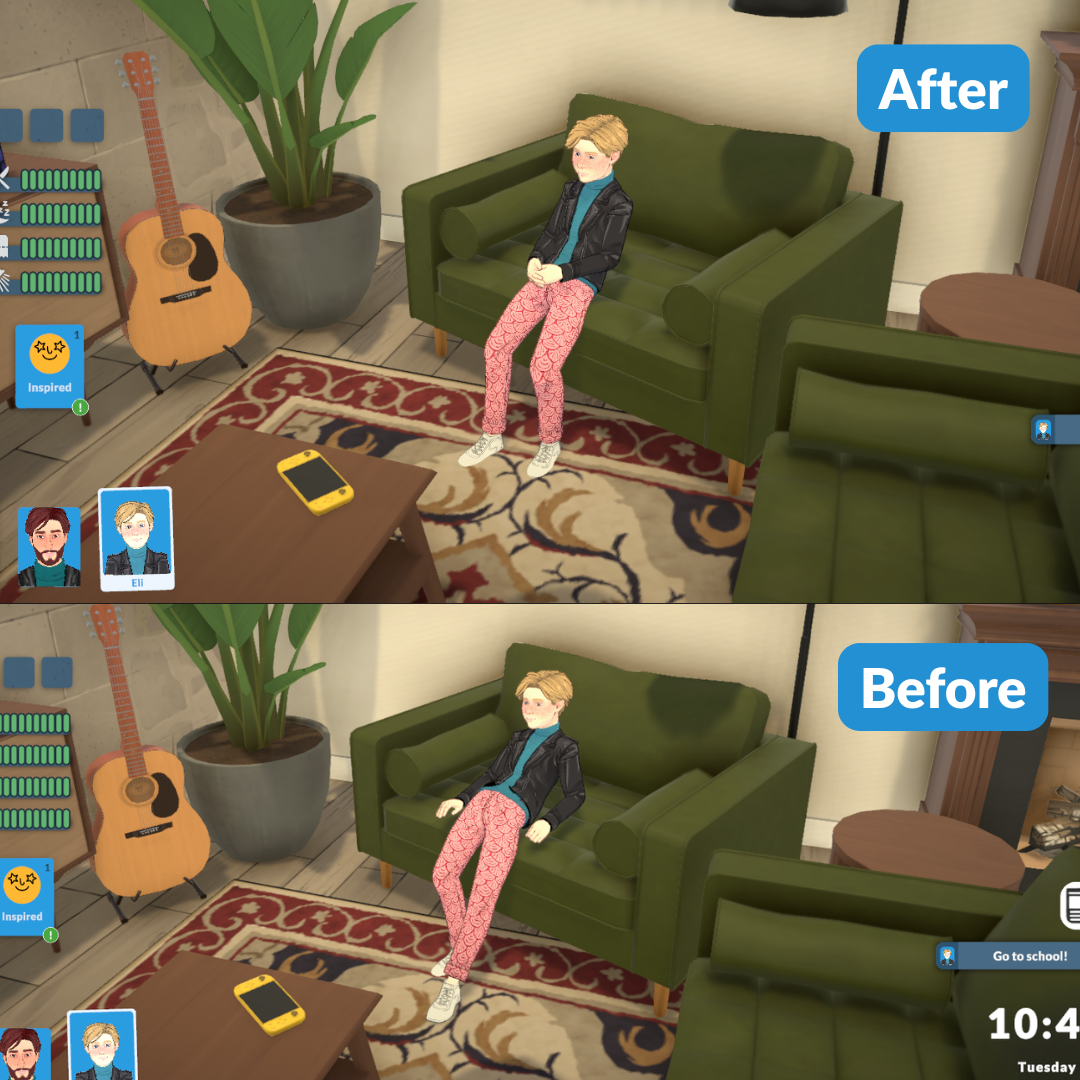 Before and after comparison of a child sitting on a couch in Paralives, showing the slouched posture replaced by the upright child sitting animation in patch 0.1.8