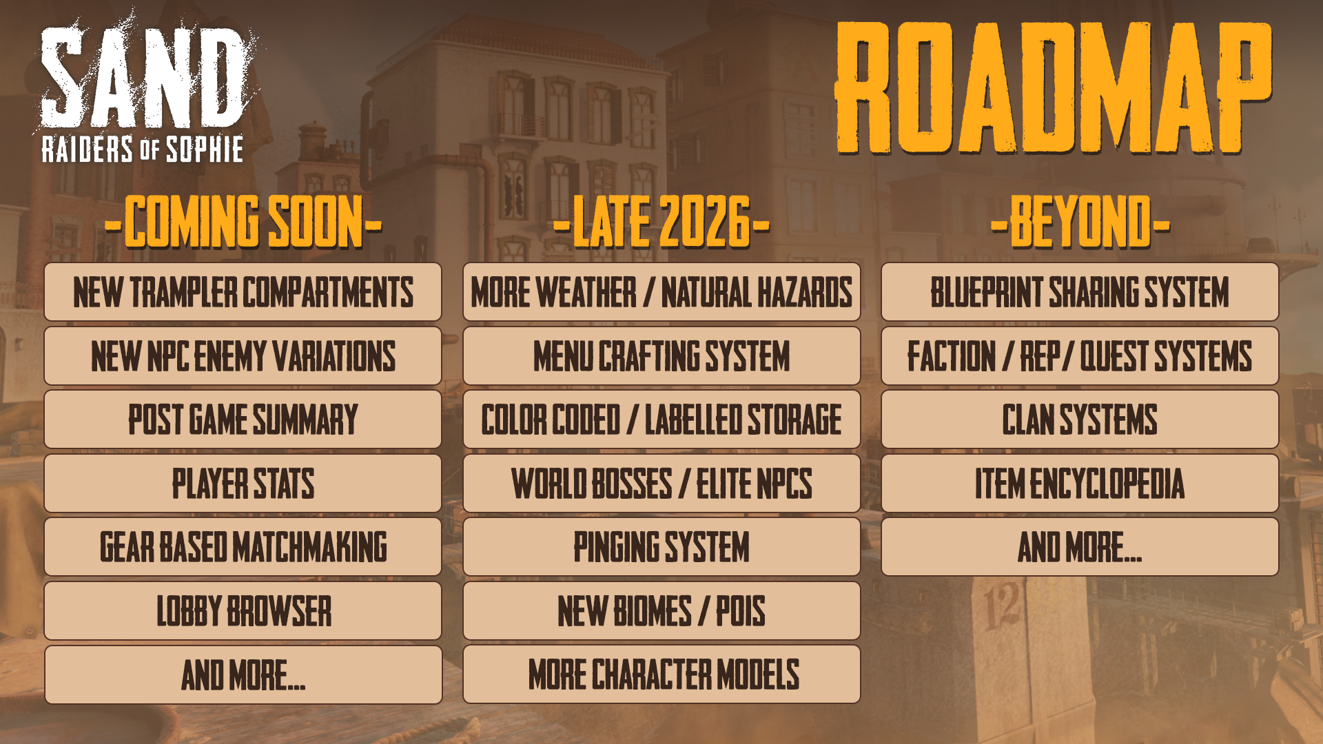 The official SAND: Raiders of Sophie Early Access roadmap graphic, listing planned work under the headings Coming Soon, Late 2026 and Beyond