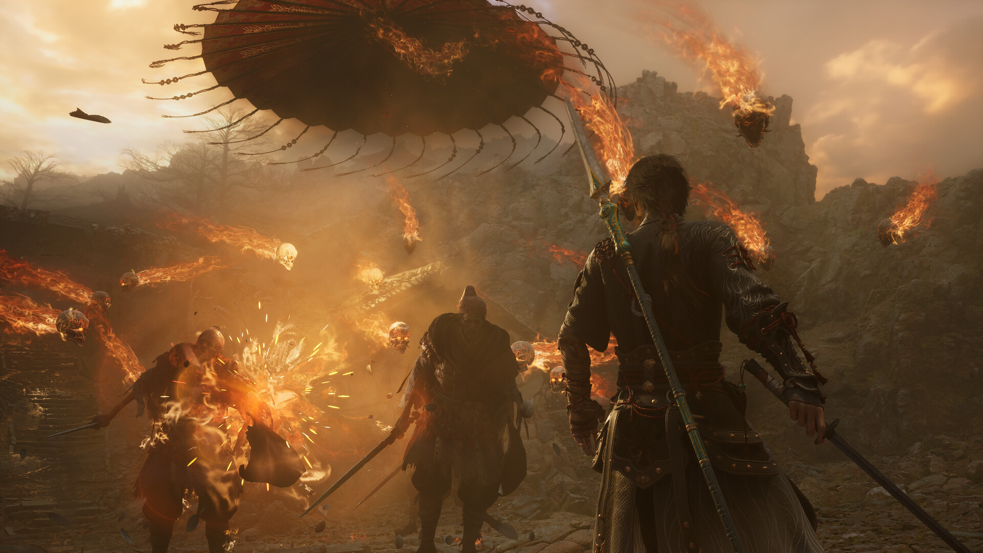 The umbrella artifact deployed overhead as a shield while the player character advances on burning skulls and armed dead.
