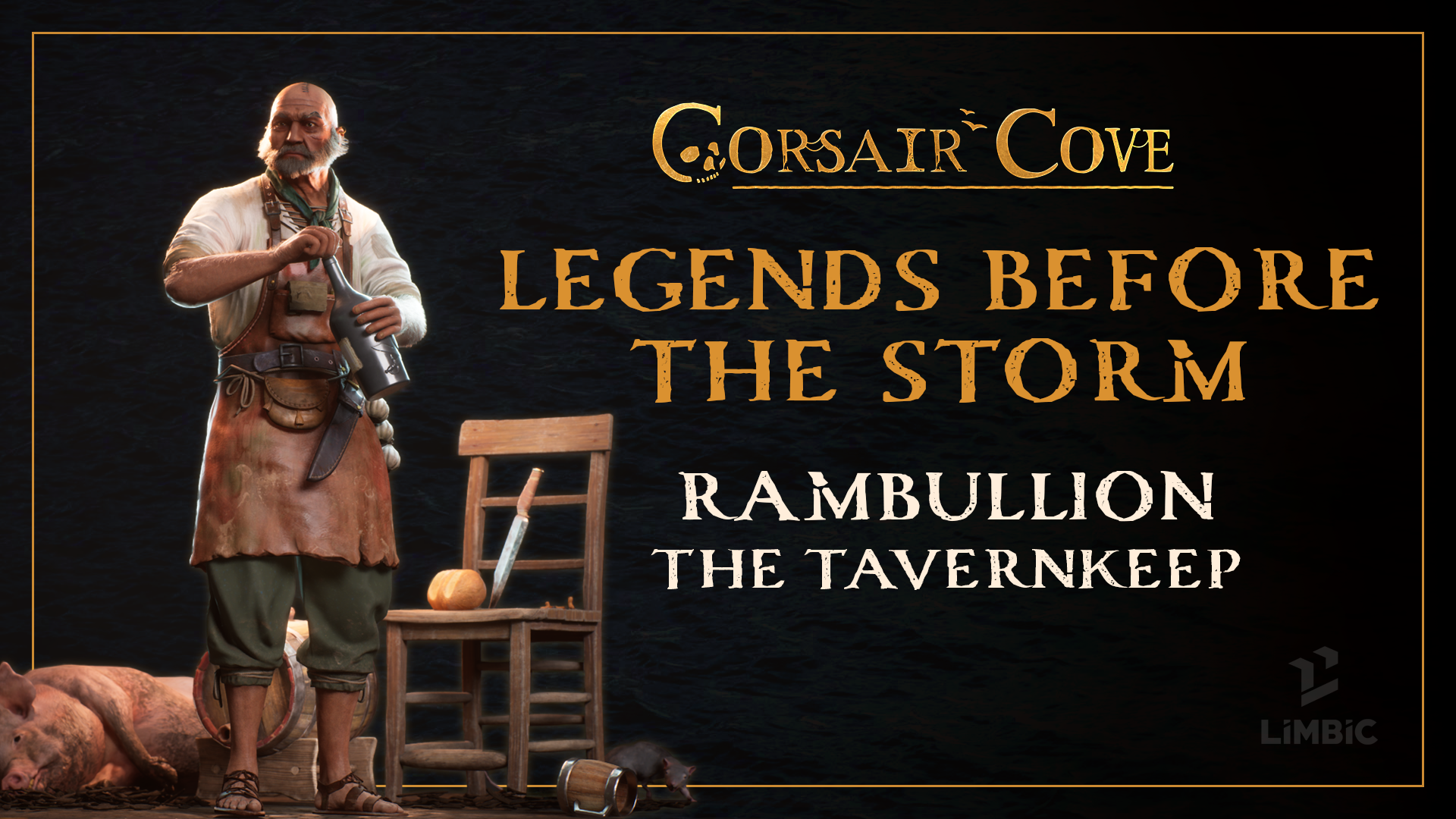 Key art of Rambullion, the Tavernkeep, a bald grey-bearded pirate in a leather apron uncorking a bottle beside a tavern chair, a barrel, a sleeping pig and a rat