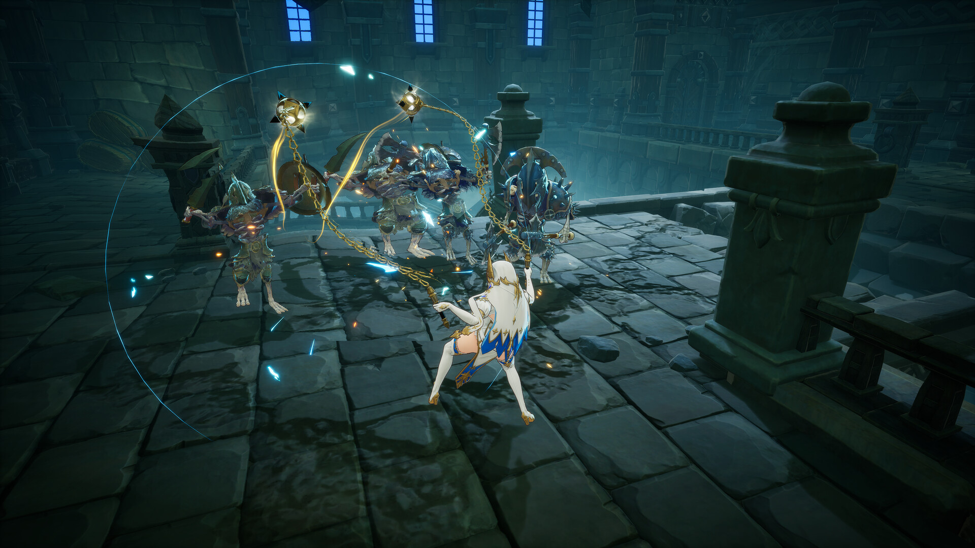 A Hero swinging a long golden chain flail through a group of undead enemies inside a stone hall in DragonSword : Awakening