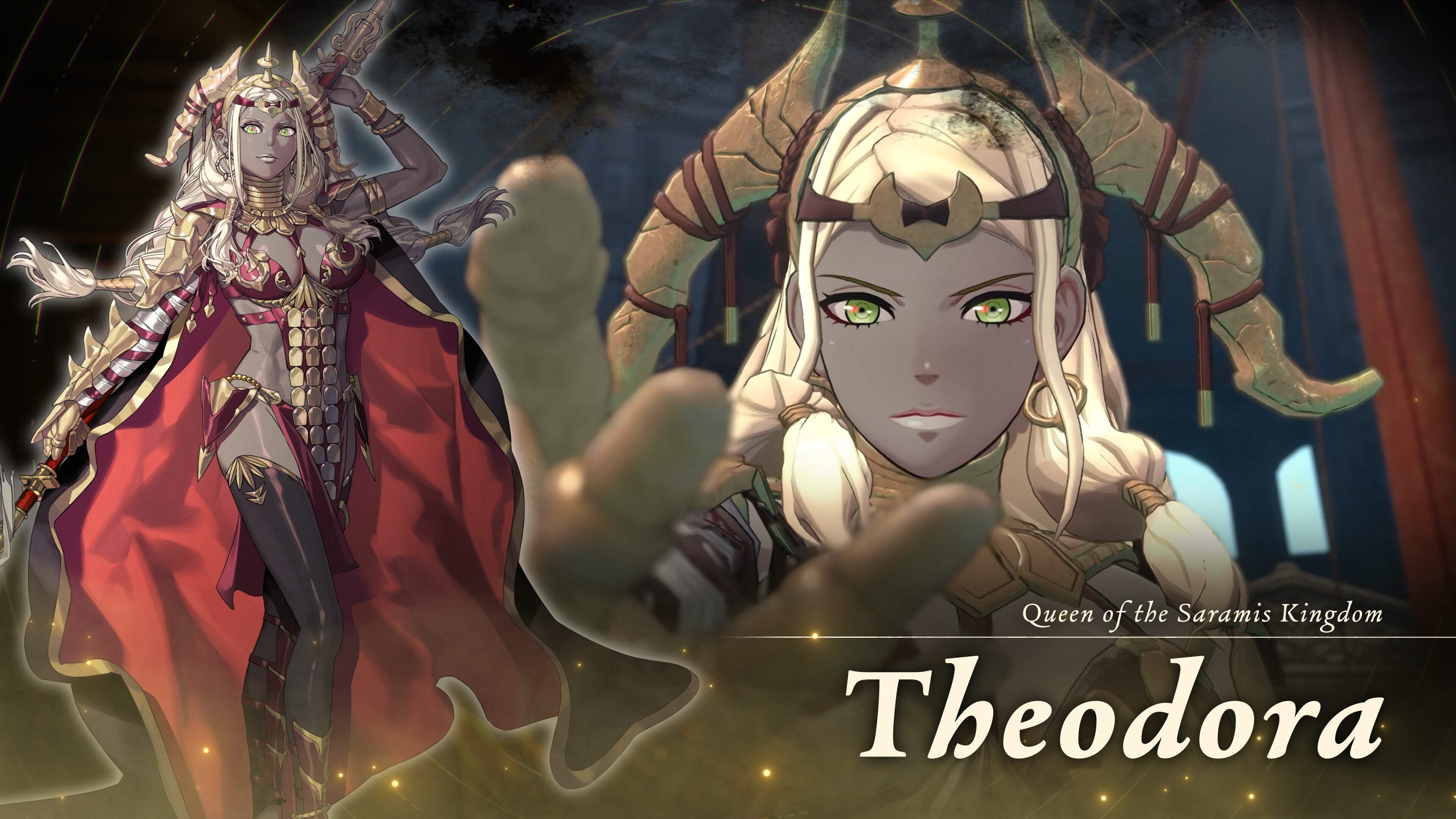 Character introduction card for Theodora, Queen of the Saramis Kingdom, with full-body art and a close-up