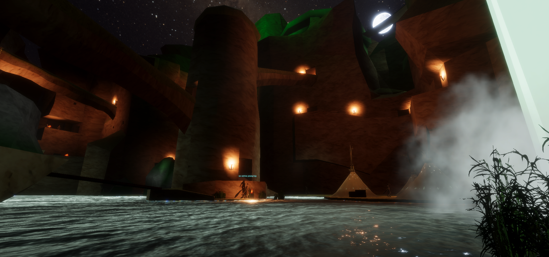 In development view of a lantern lit settlement built along an underground waterway