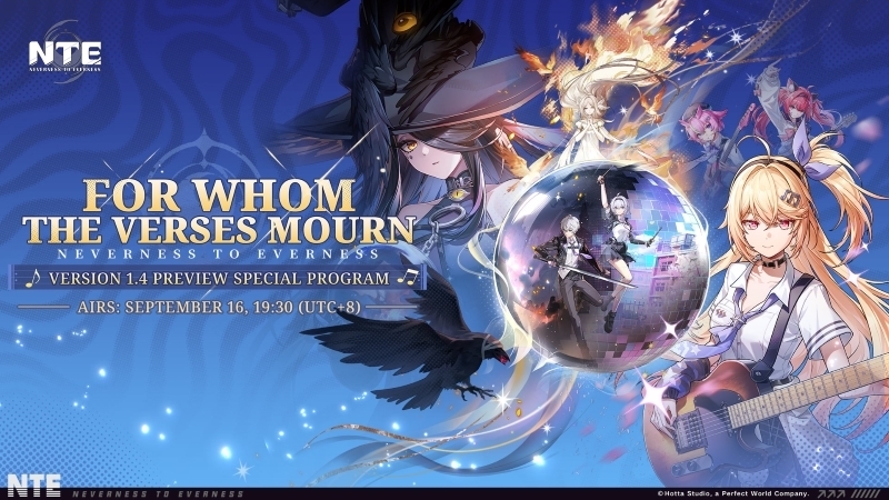 Official key art for the Version 1.4 For Whom the Verses Mourn Preview Special Program, aired September 16, 2026 at 19:30 UTC+8, showing Blackbird in her feathered witch hat with a raven, Akane Rin with her guitar and a mirror ball between them