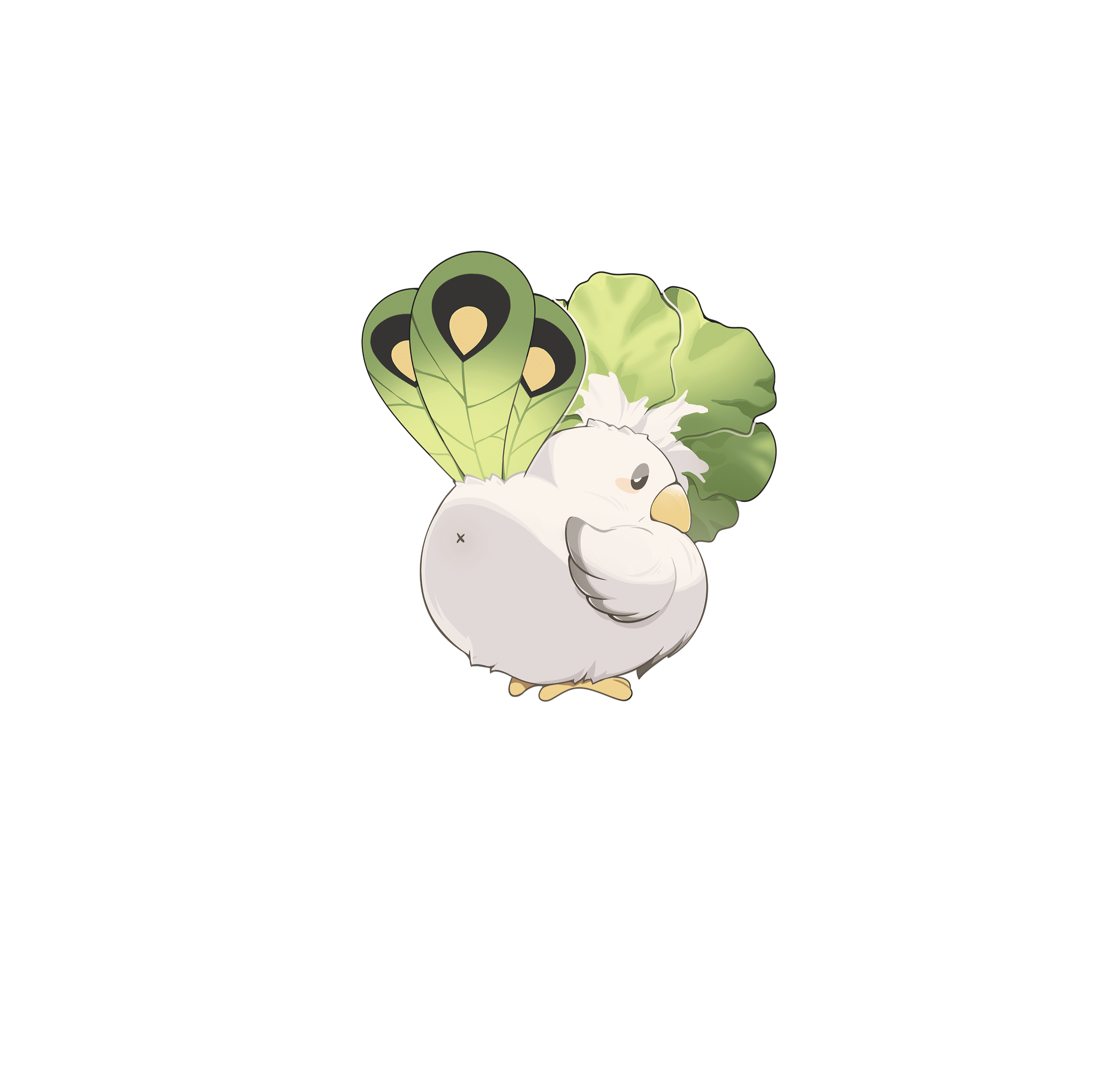 Cabbird, a round white bird Kibo with a cabbage leaf crest and fanned green tail